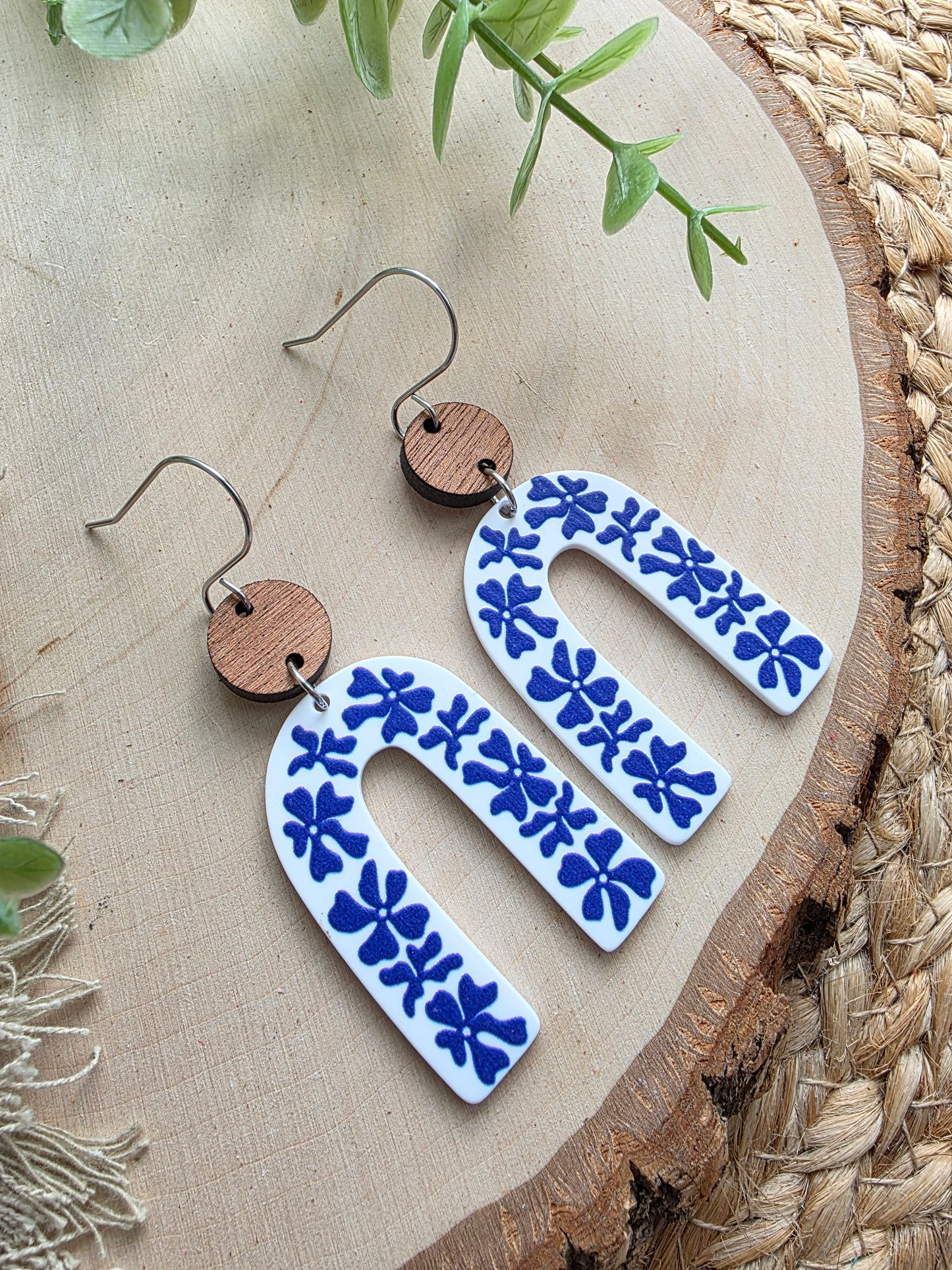 Blue & White Floral Acrylic Arch Earrings