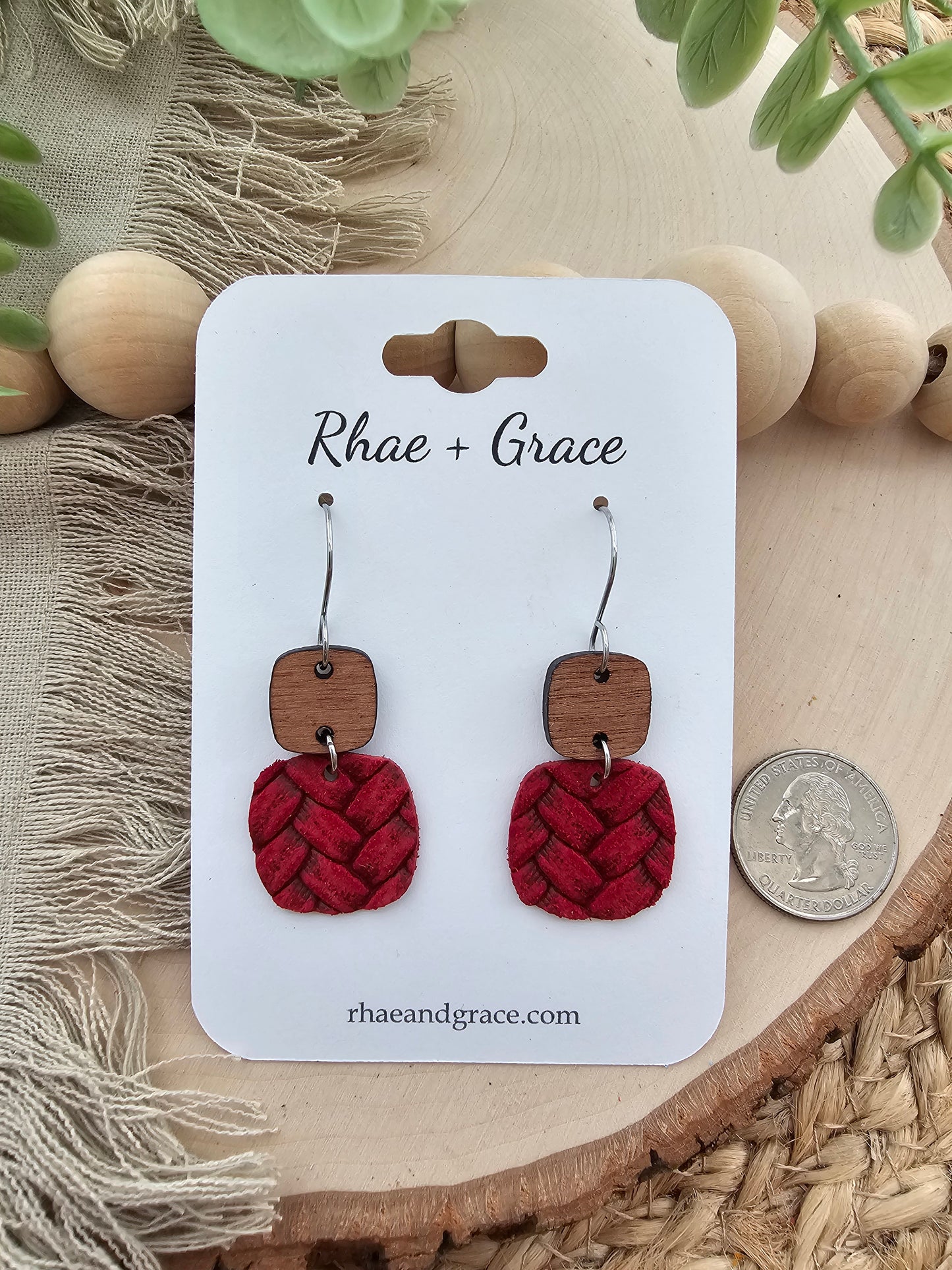 Red Embossed Braid Rounded Square Earrings