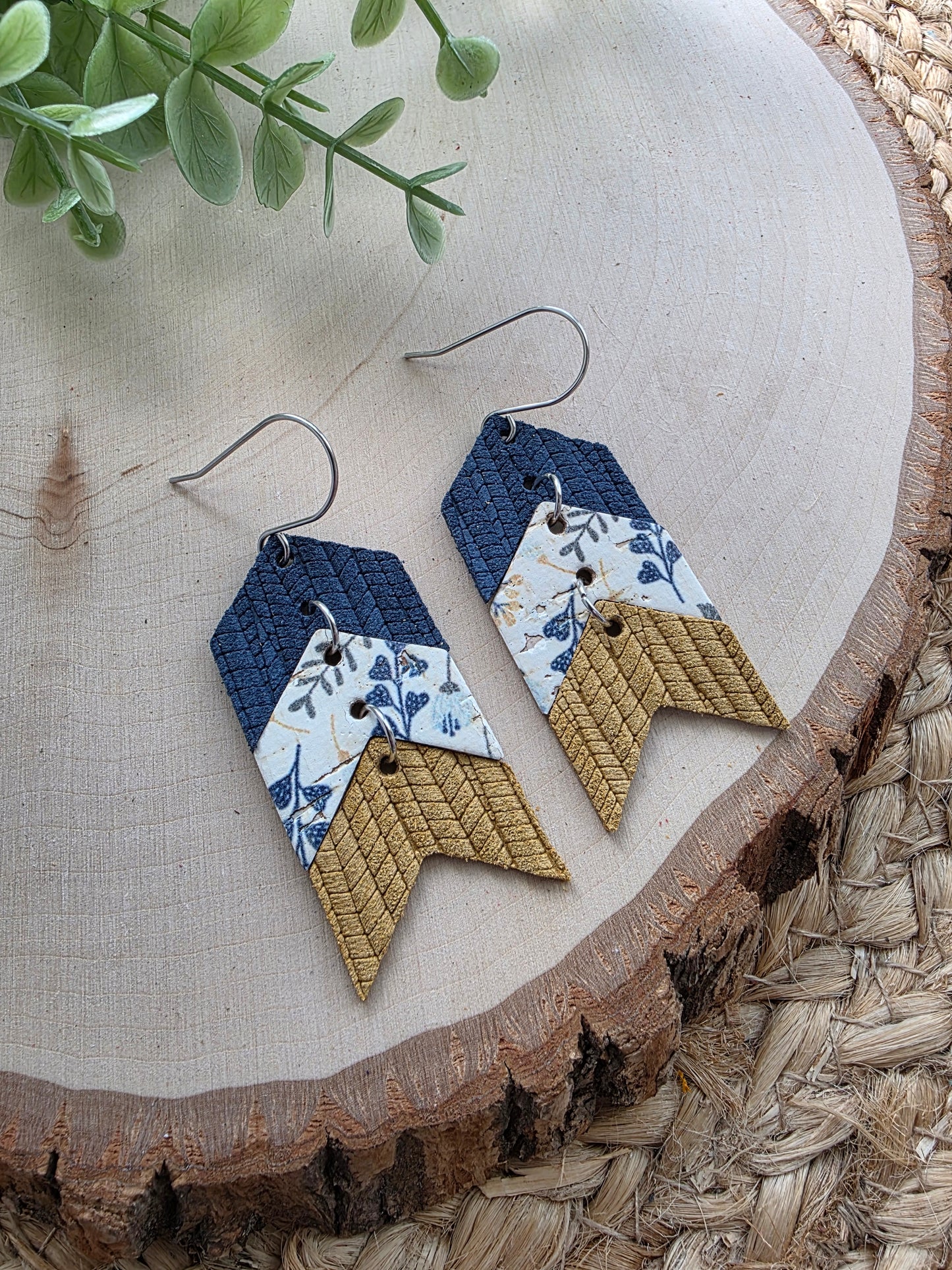 Blue & Mustard Floral Triple Chevron Arrow Earrings