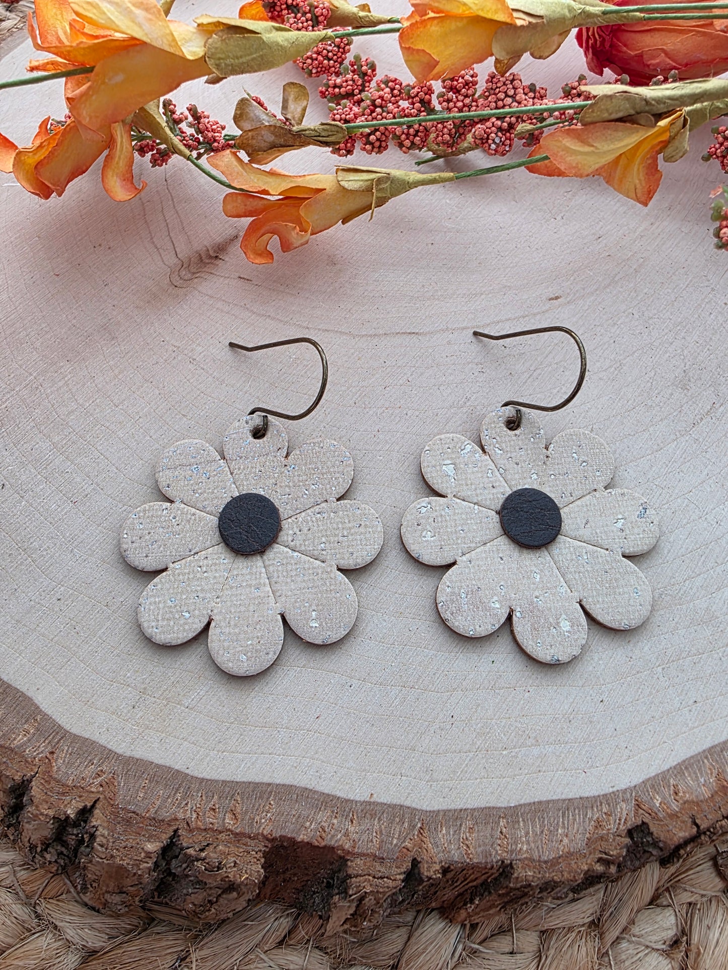 Neutral Beige Daisy Flower Earrings