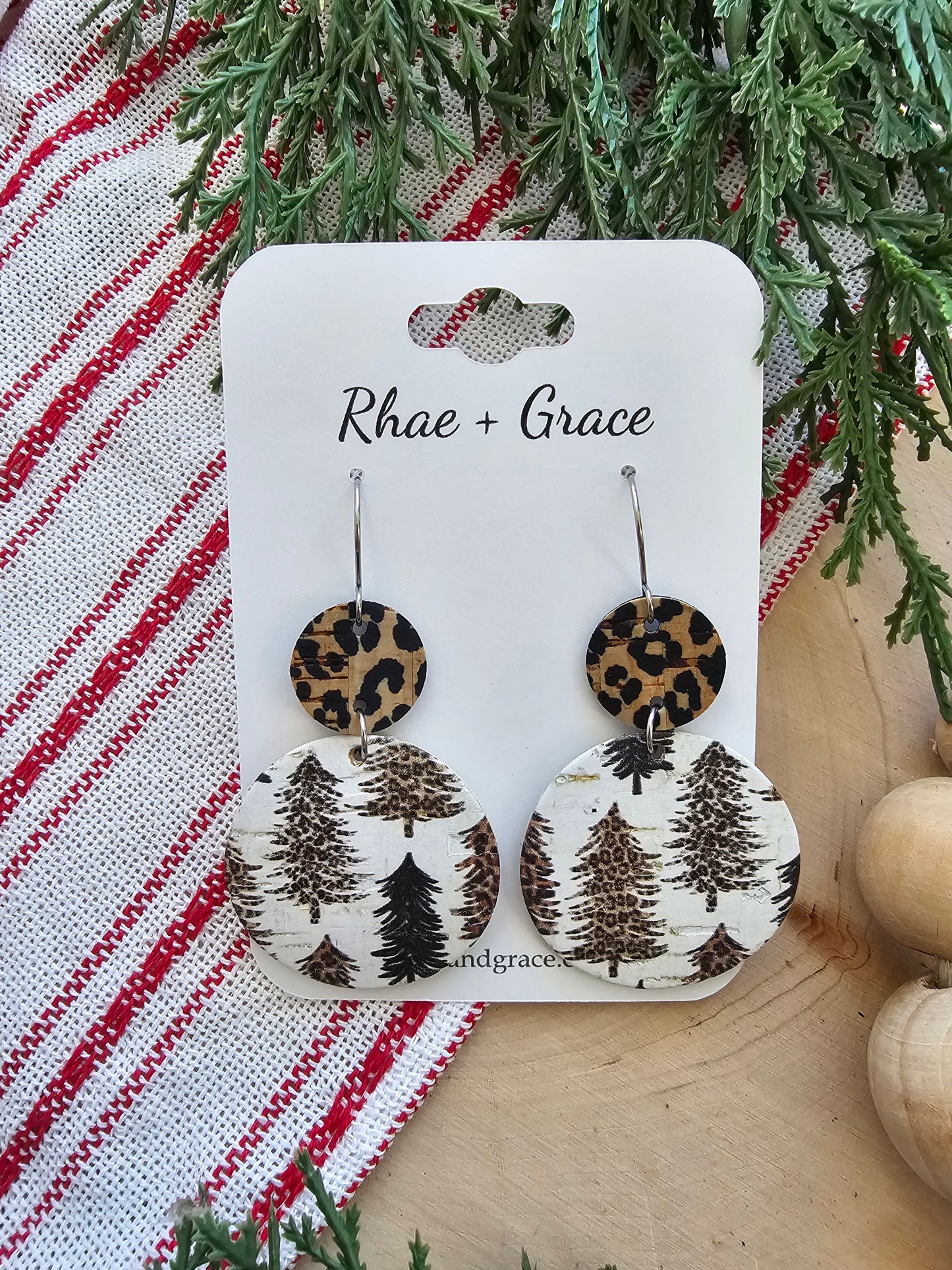 Leopard Print Christmas Tree Circle Drop Earrings