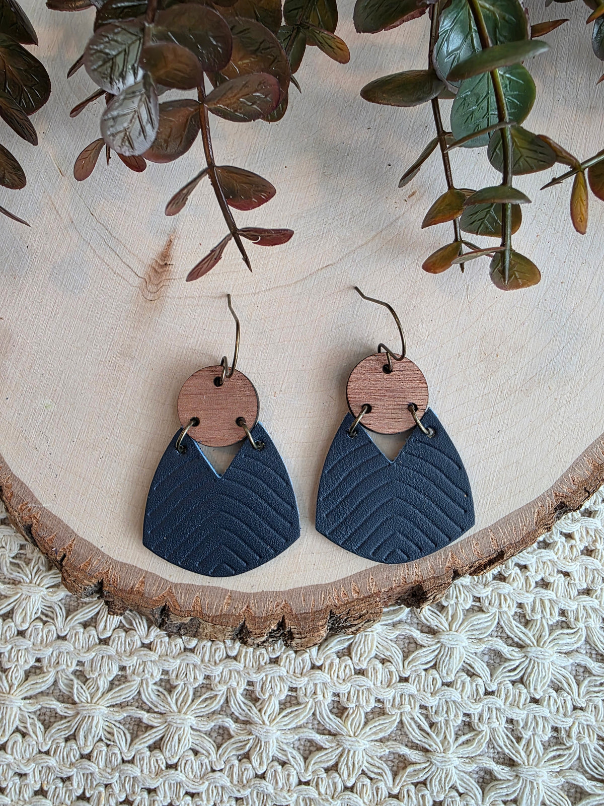 Geometric Boho Embossed Chevron Earrings - Navy Blue