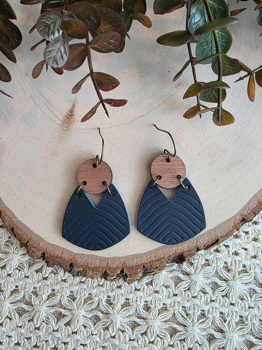 Geometric Boho Embossed Chevron Earrings - Navy Blue