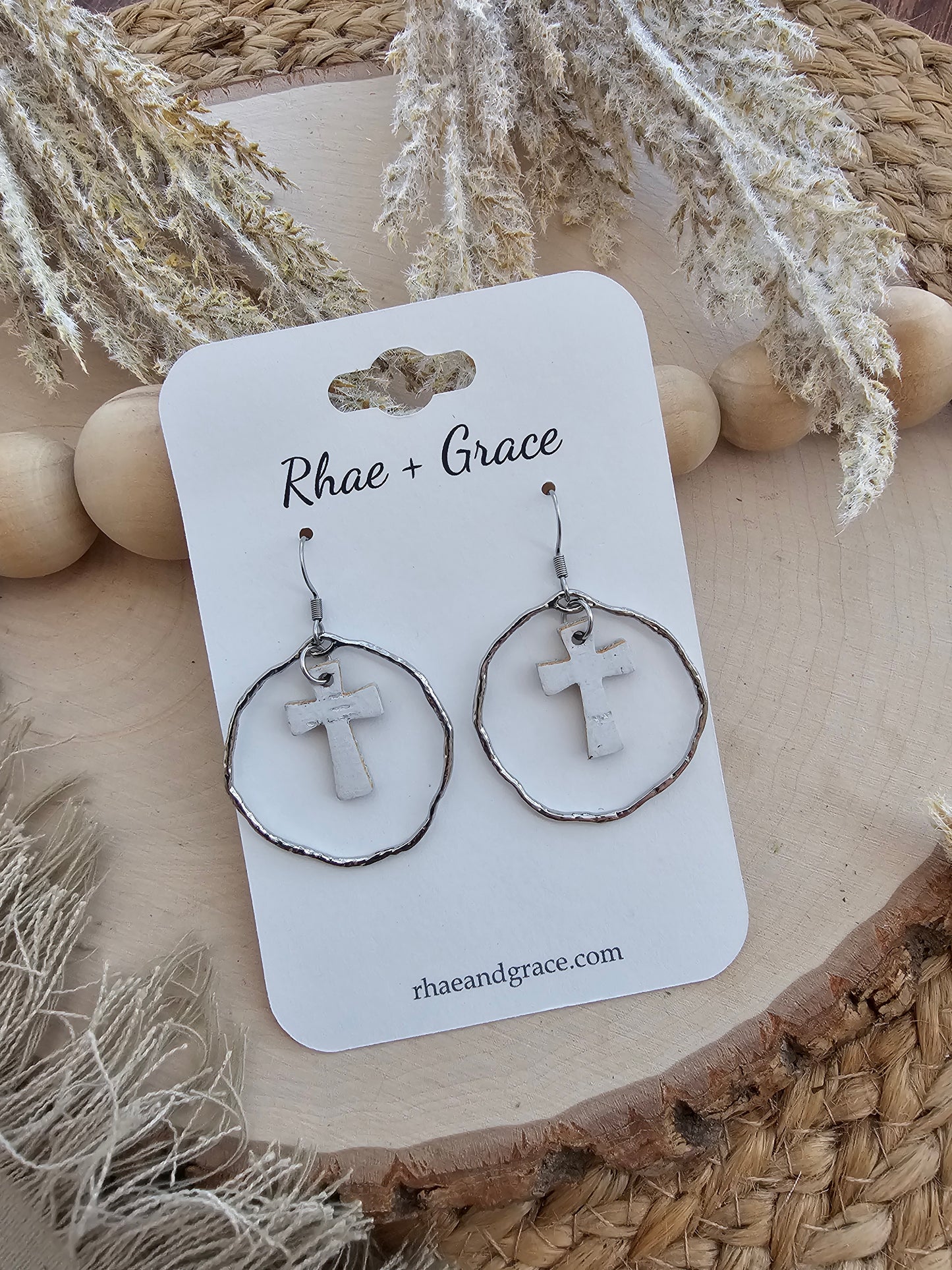 White & Siver Dainty Round Cross Earrings