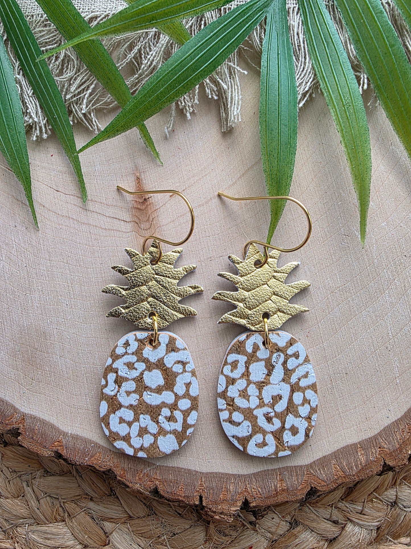 White & Gold Leopard Print Pineapple Earrings