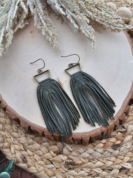 Olive Green Leather Woven Triangle Fringe Statement Earrings