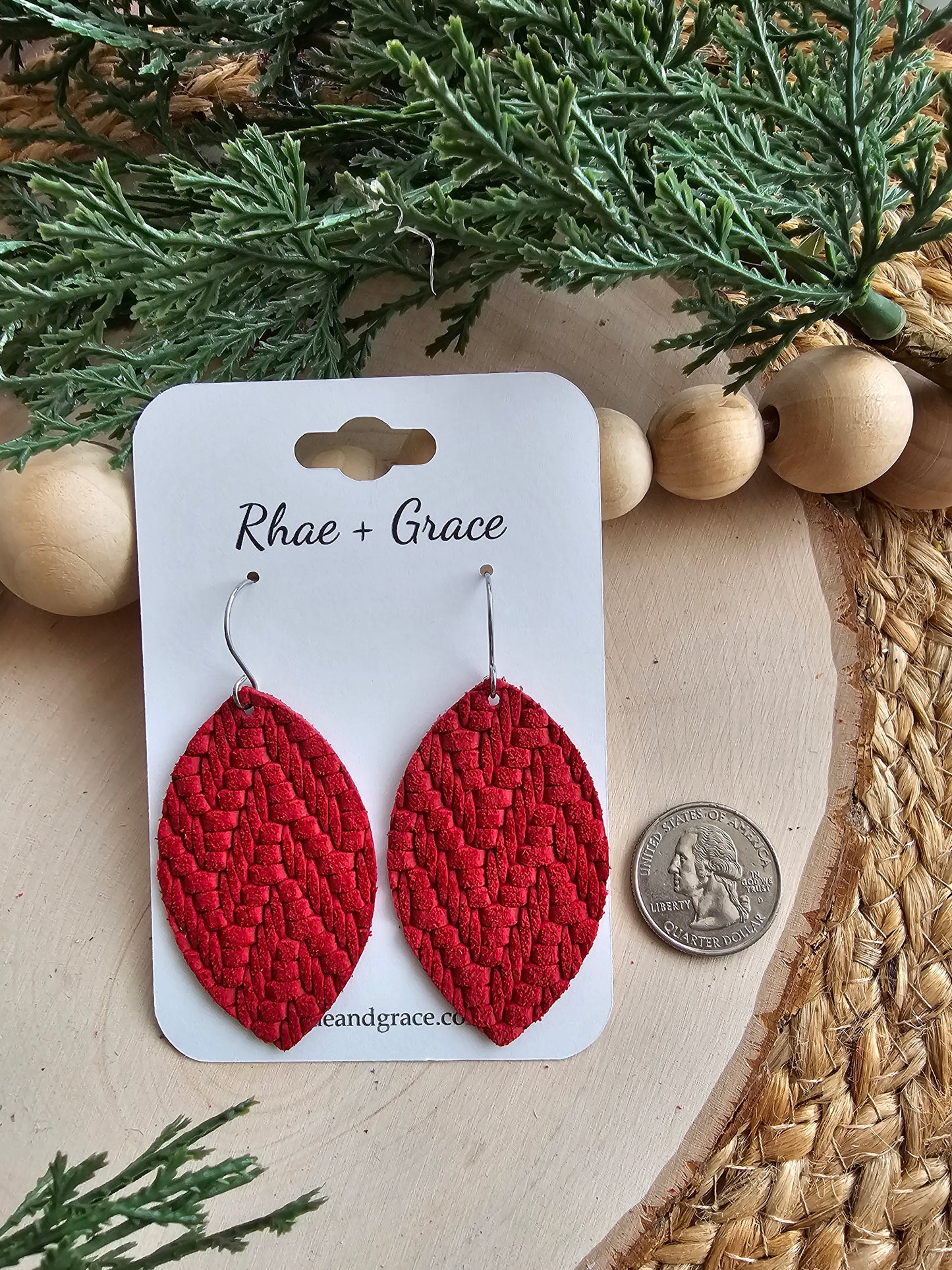 Red Knit Leaf Leather Earrings