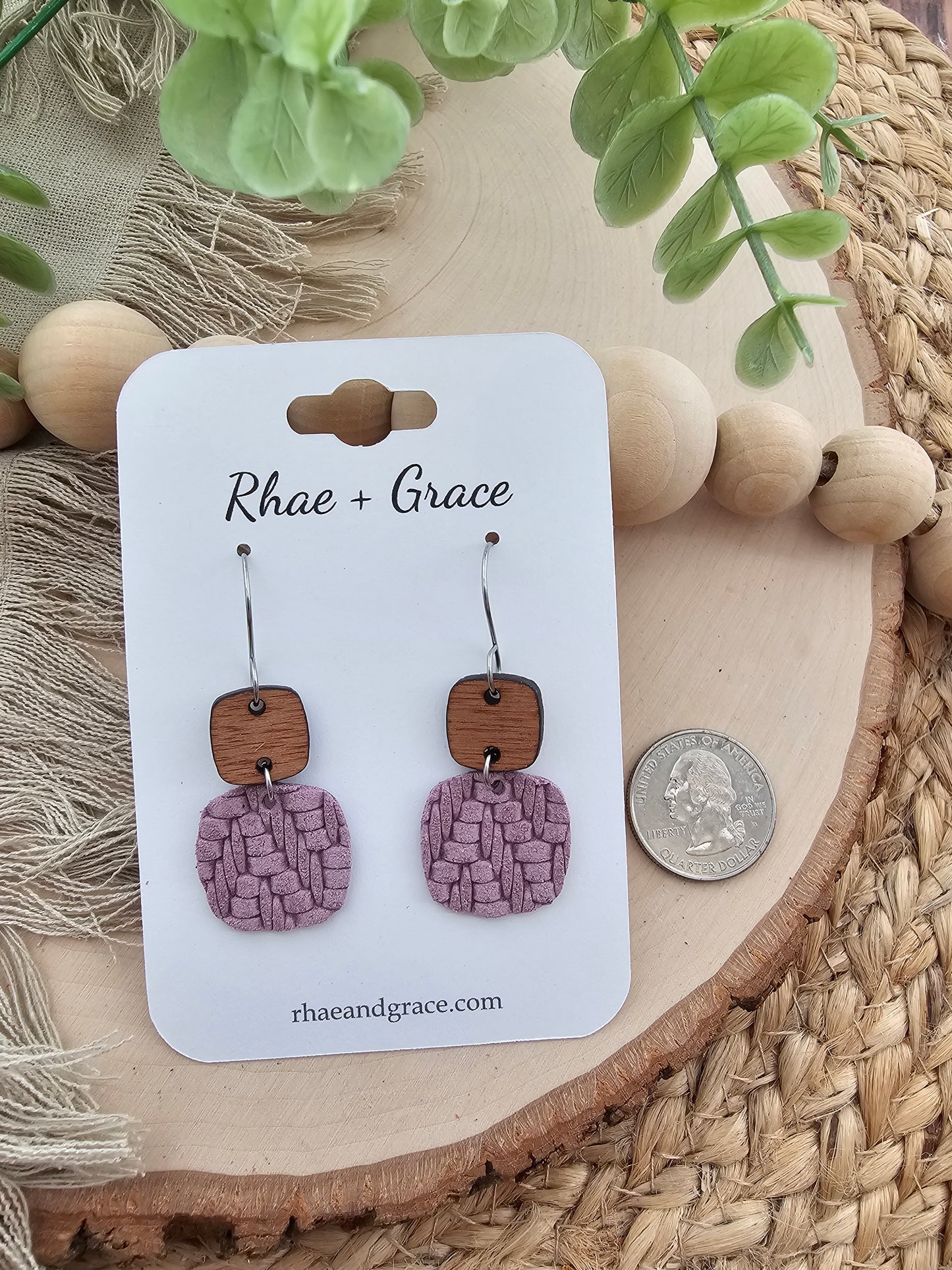 Lavender Purple Knit Embossed Braid Rounded Square Earrings