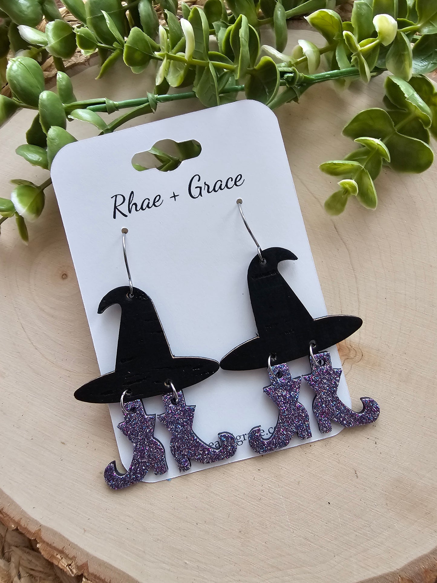 Witch Hat Purple Glitter Boots Earrings
