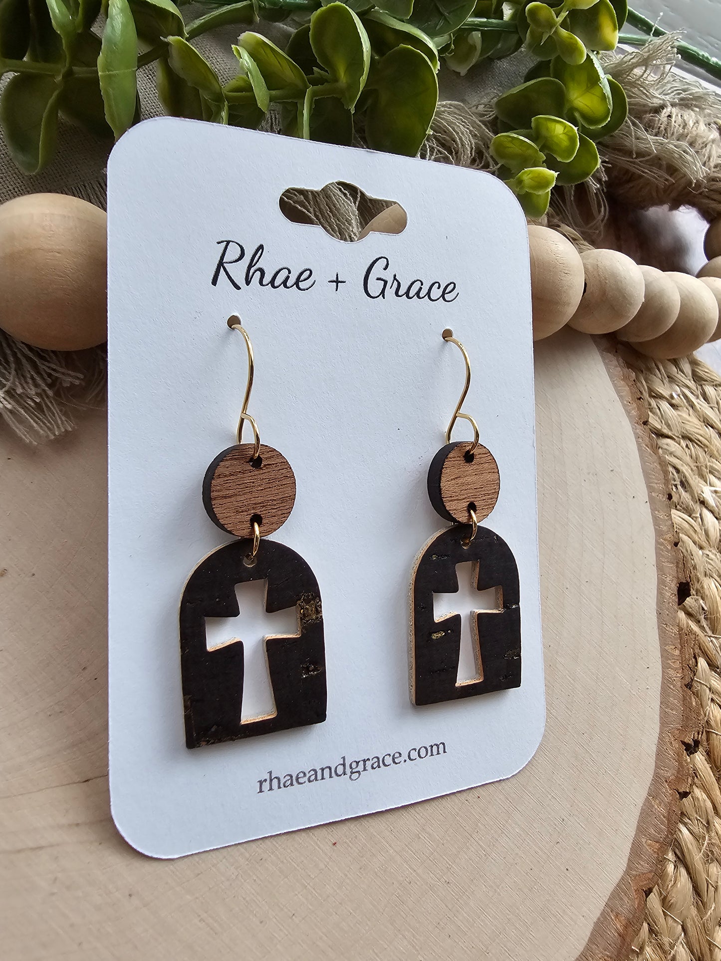 Brown & Gold Cross Cutout Arch Earrings