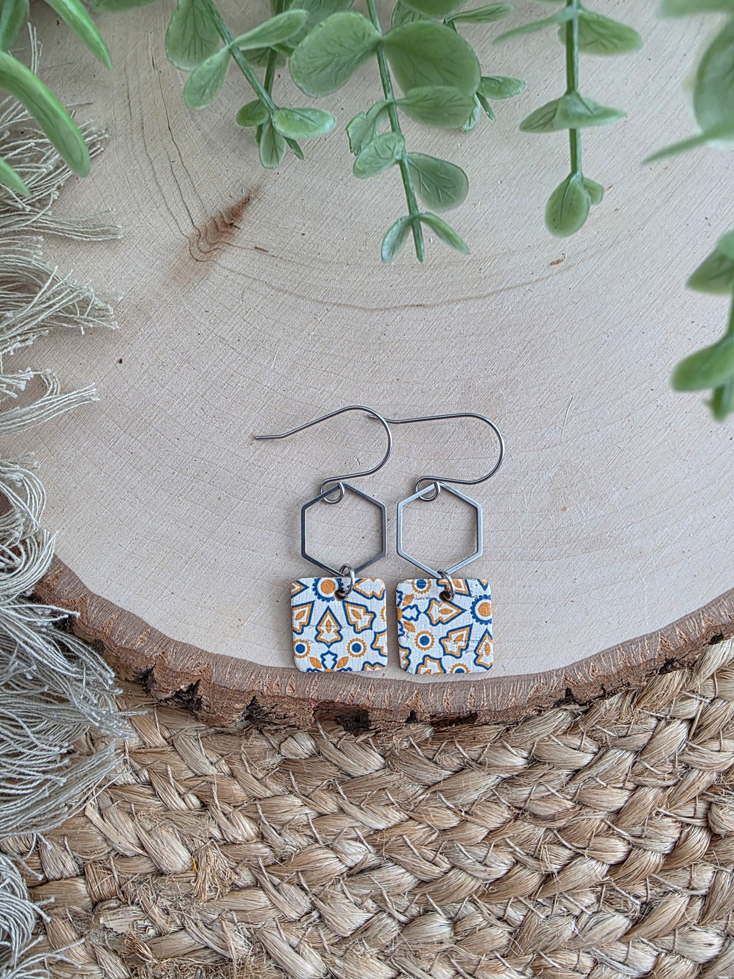 Blue & Yellow Moroccan Tile Dainty Square Earrings