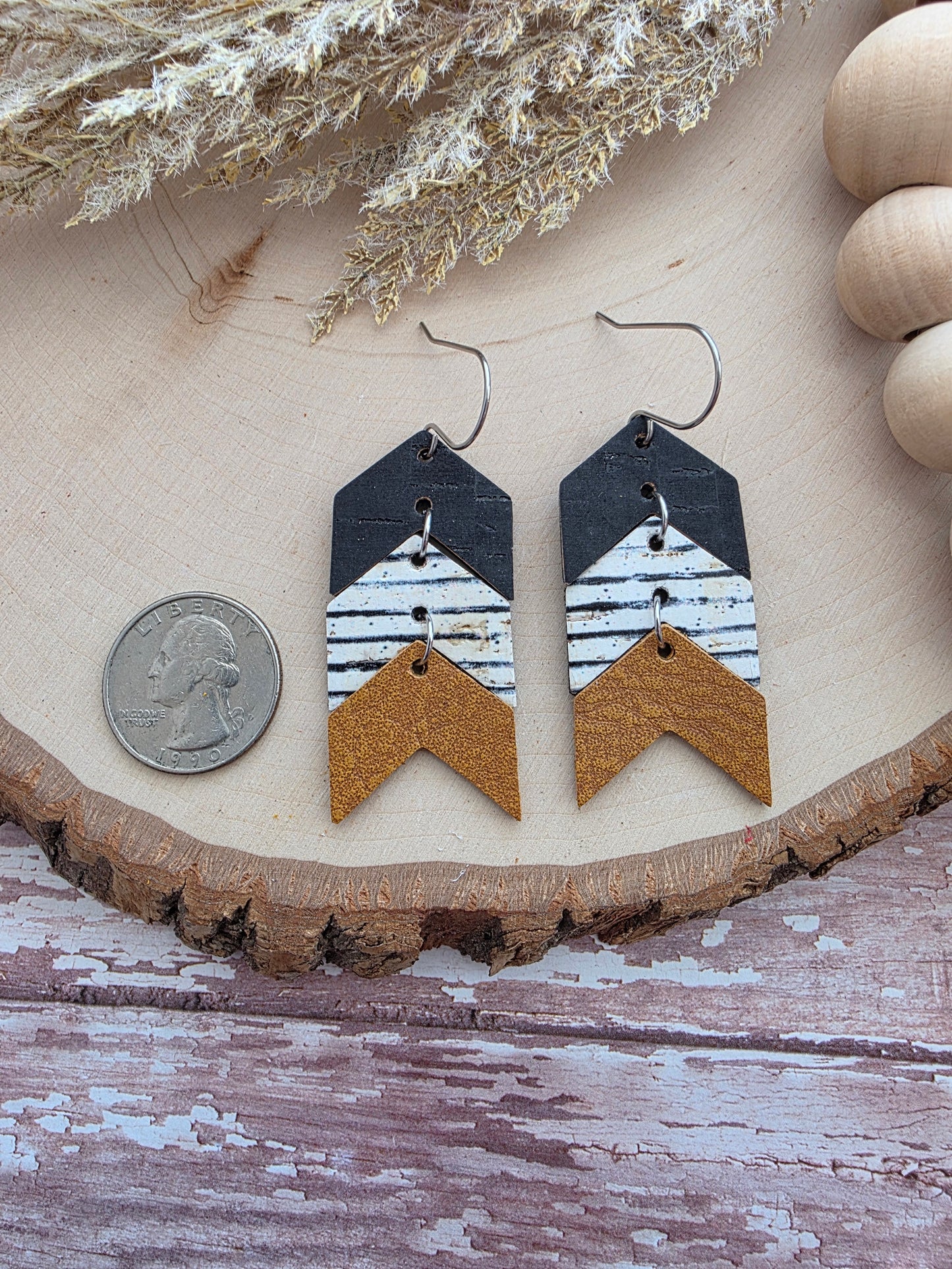 Black, White & Brown Striped Triple Chevron Arrow Earrings