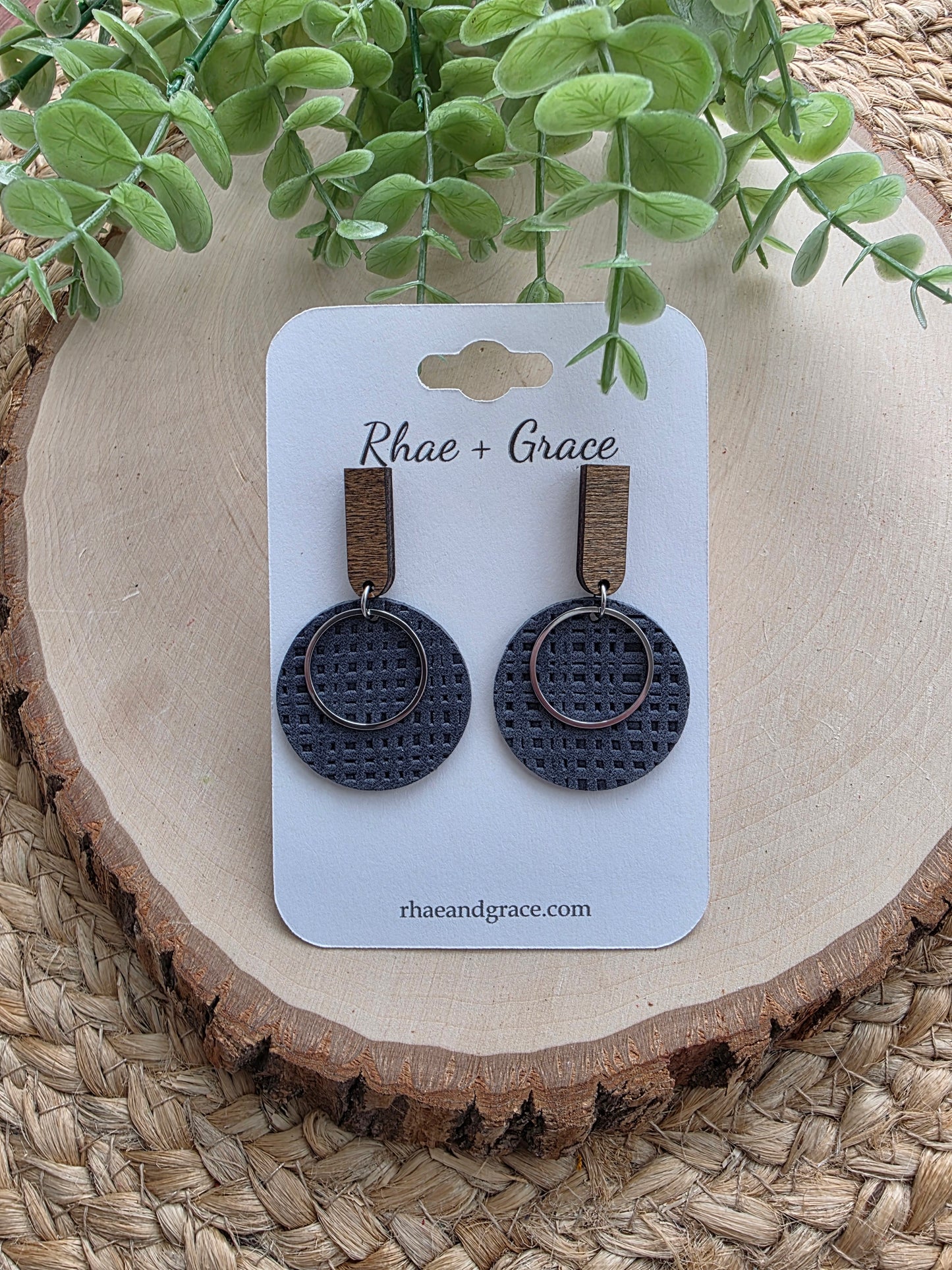 Navy Blue Embossed Linen Circle Earrings
