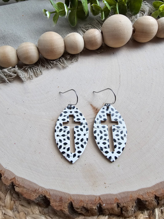 Black & White Cross Cutout Leaf Earrings