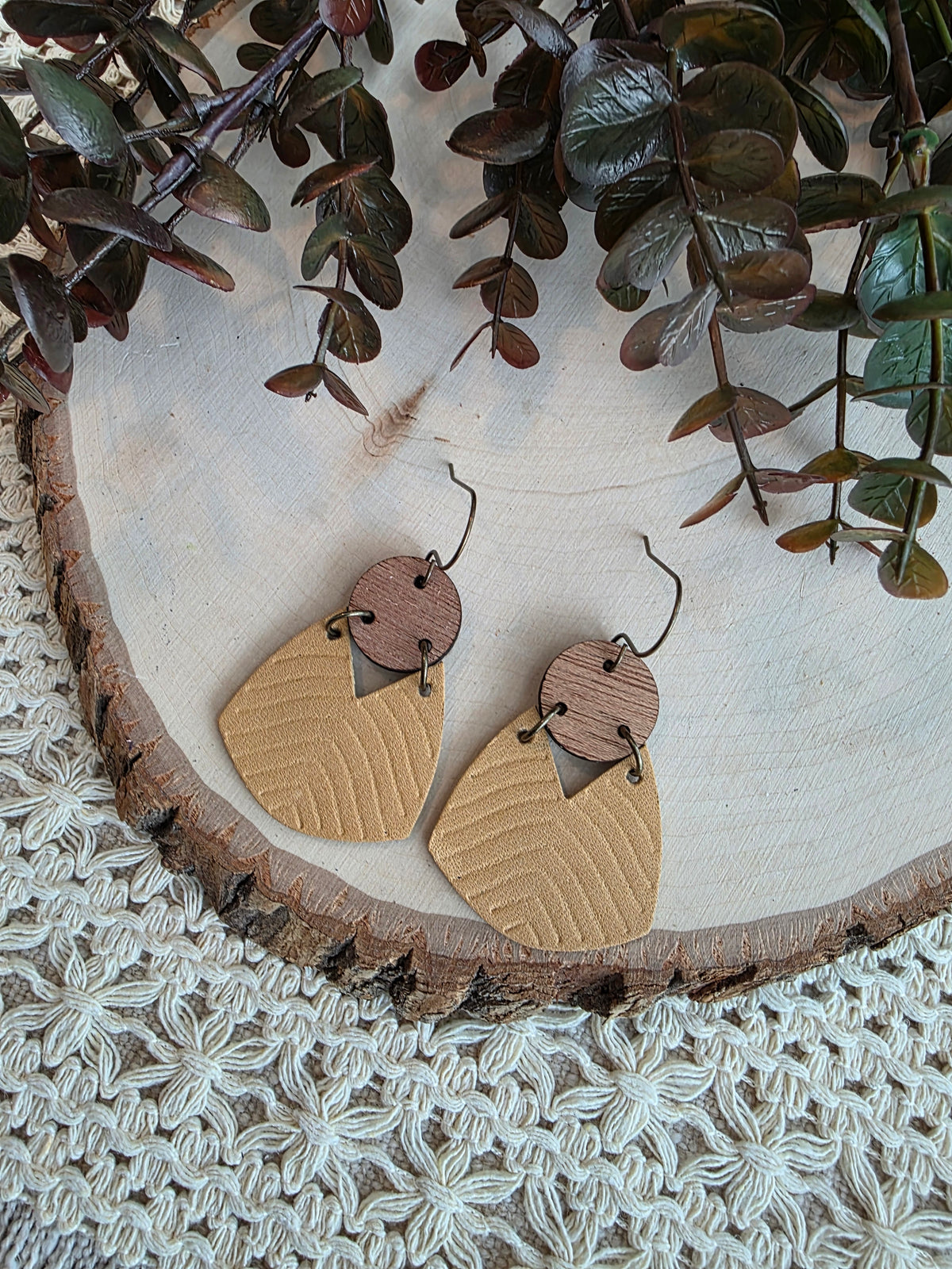 Geometric Boho Embossed Chevron Earrings - Tan