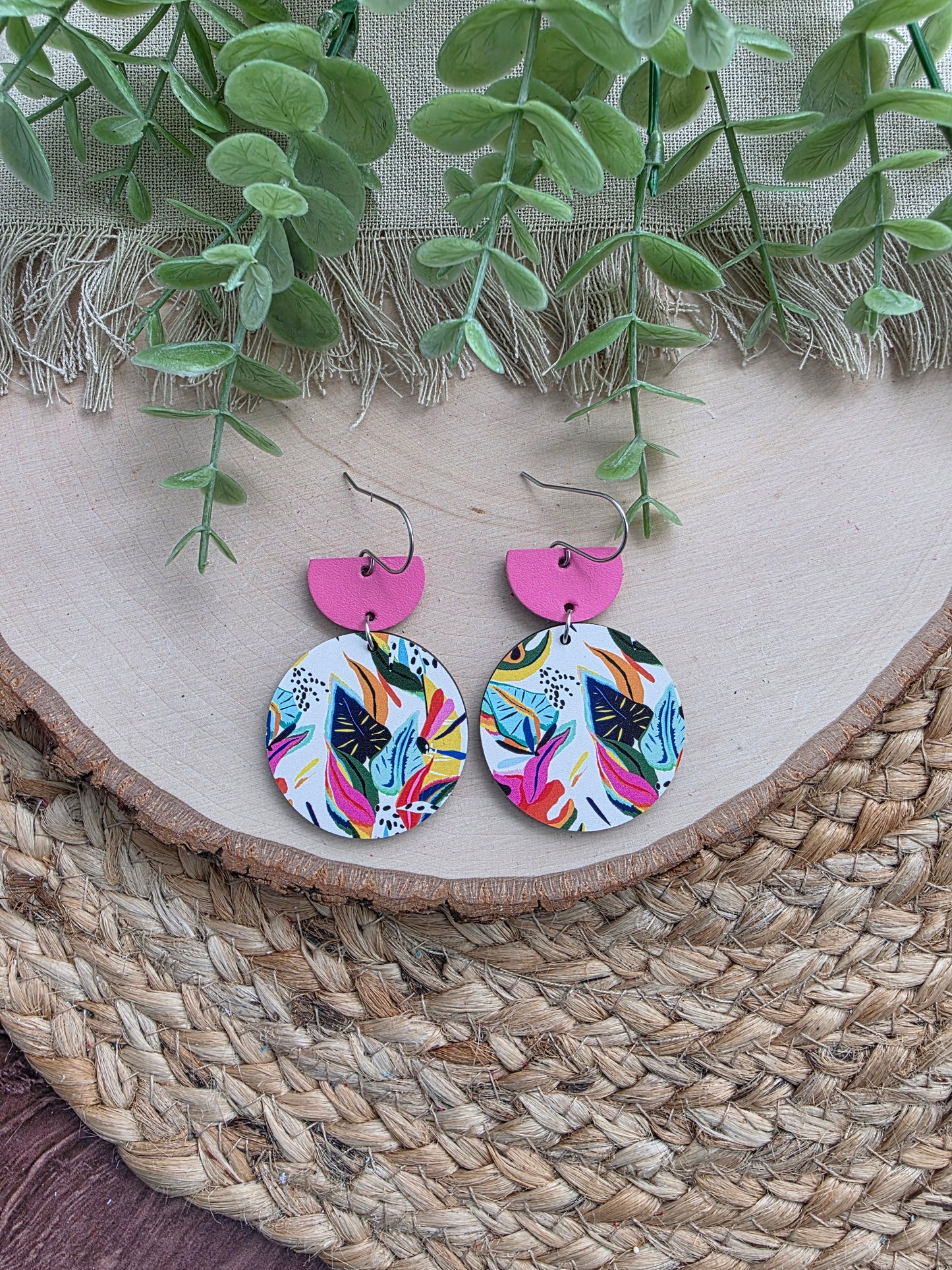 Colorful Tropical Floral Circle Earrings - Pink Top