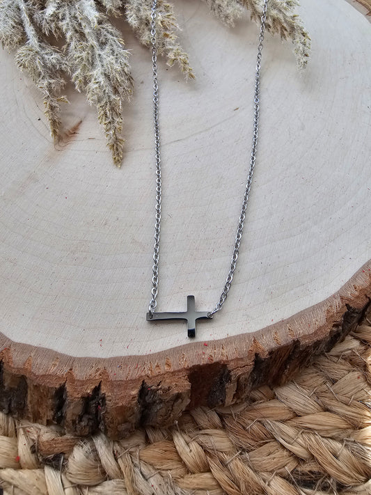 Dainty Sideways Cross Necklace - Silver Stainless Steel
