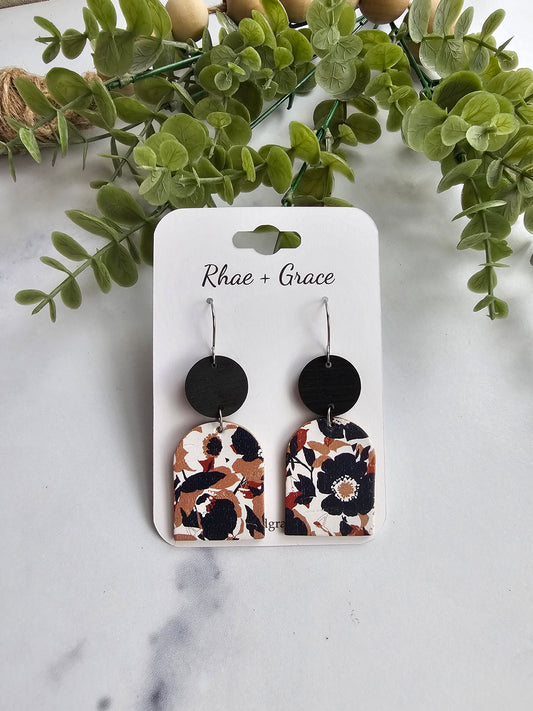 Black & Brown Abstract Floral Closed Arch Drop Earrings