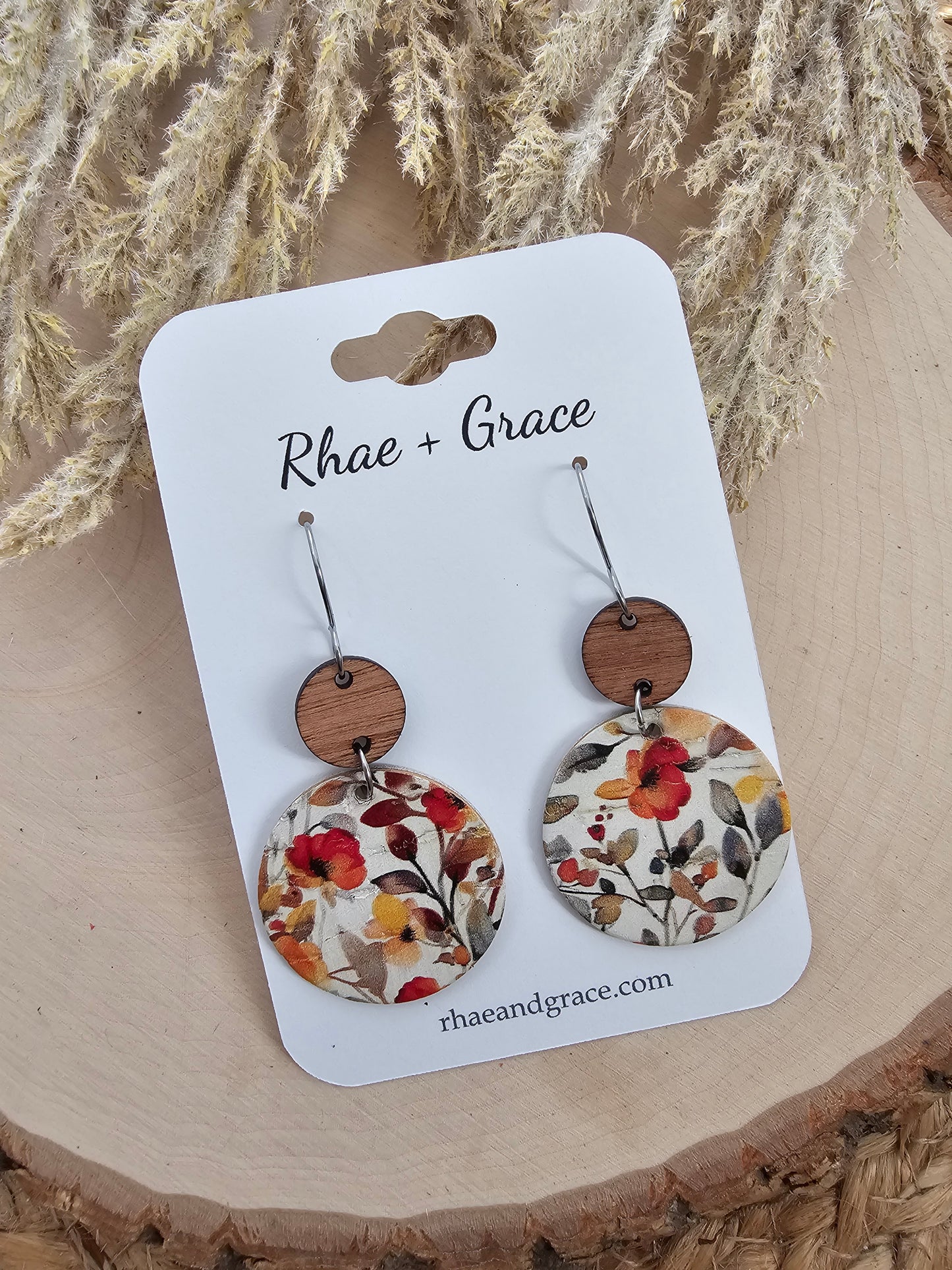 Autumn Watercolor Floral Circle Drop Earrings