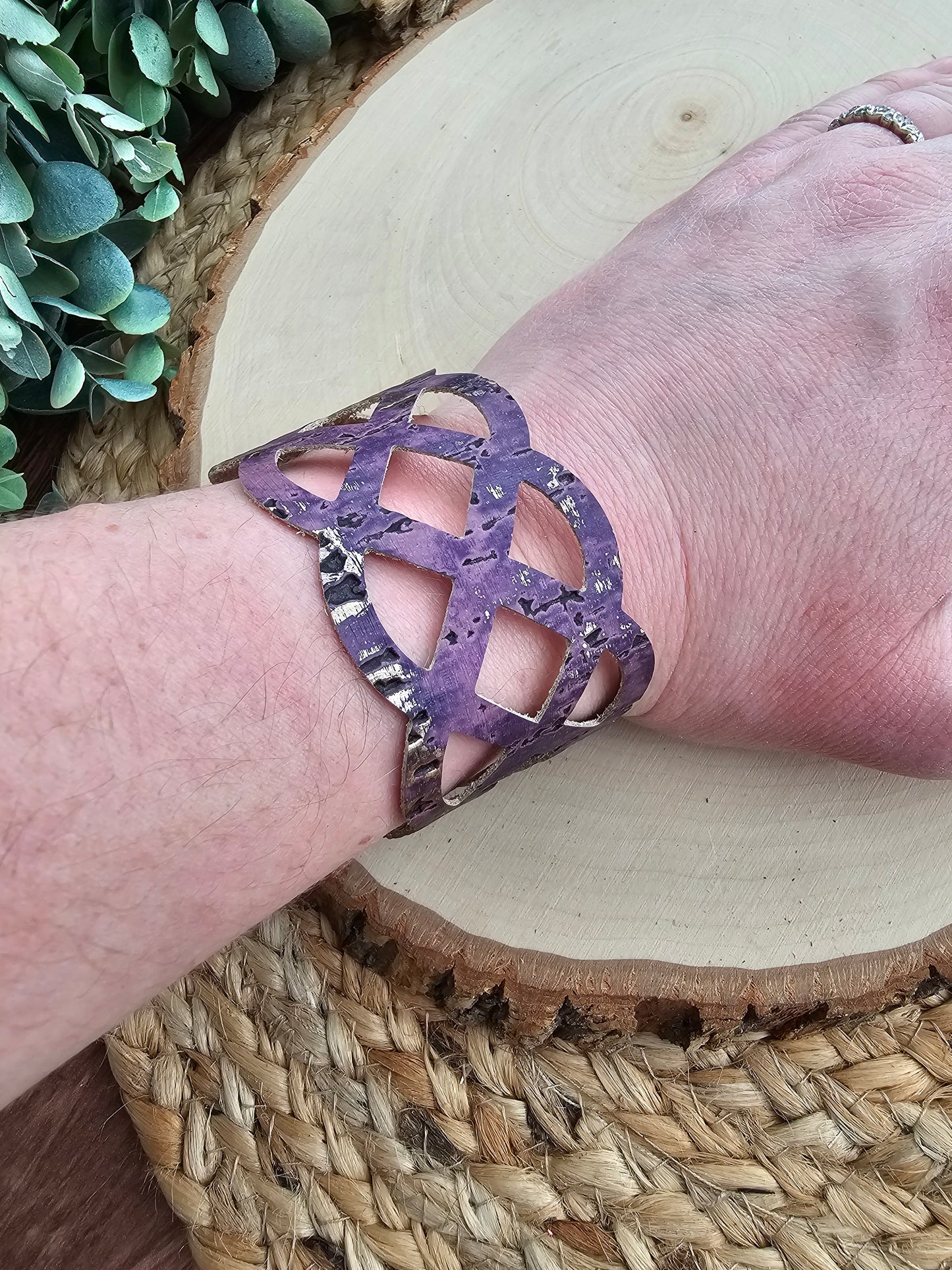 Lavender Purple & Gold Rustic Lattice Leather Bracelet