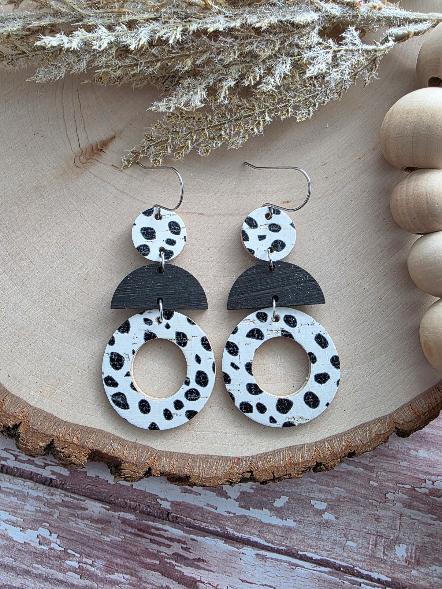 Black & White Spotted Geometric Circle Stacked Earrings
