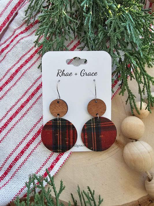 Red Holiday Plaid Circle Drop Earrings