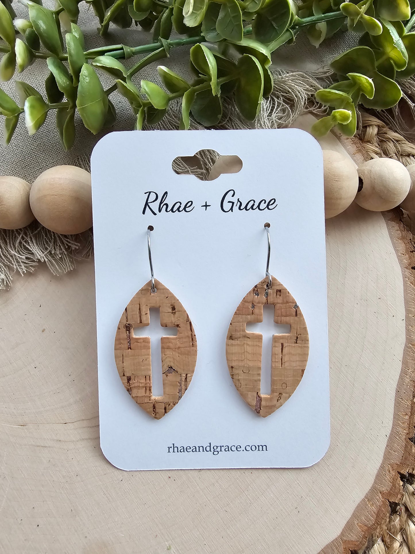 Natural Cork & Silver Cross Cutout Leaf Earrings