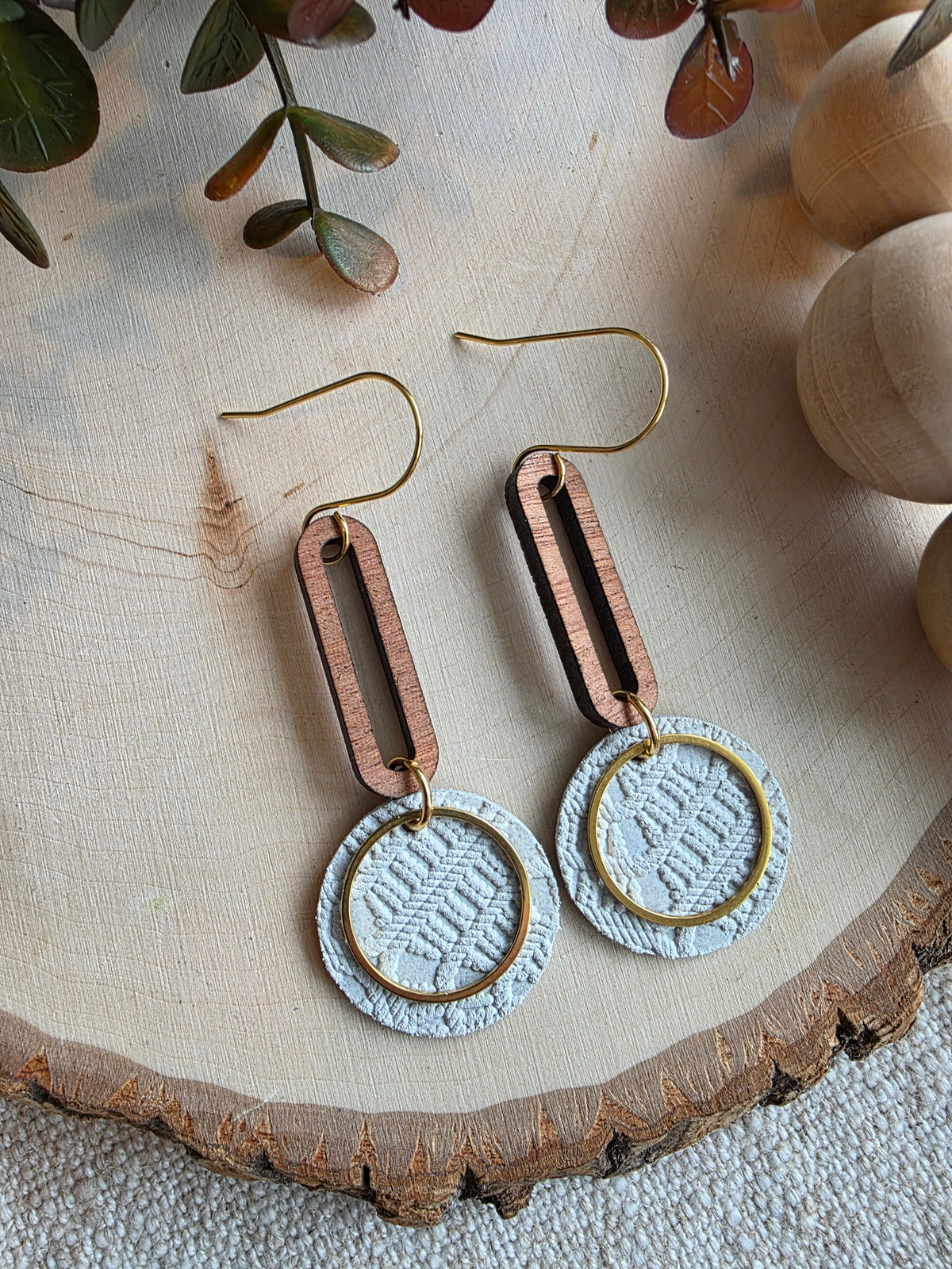 Beige & Gold Round Drop Earrings