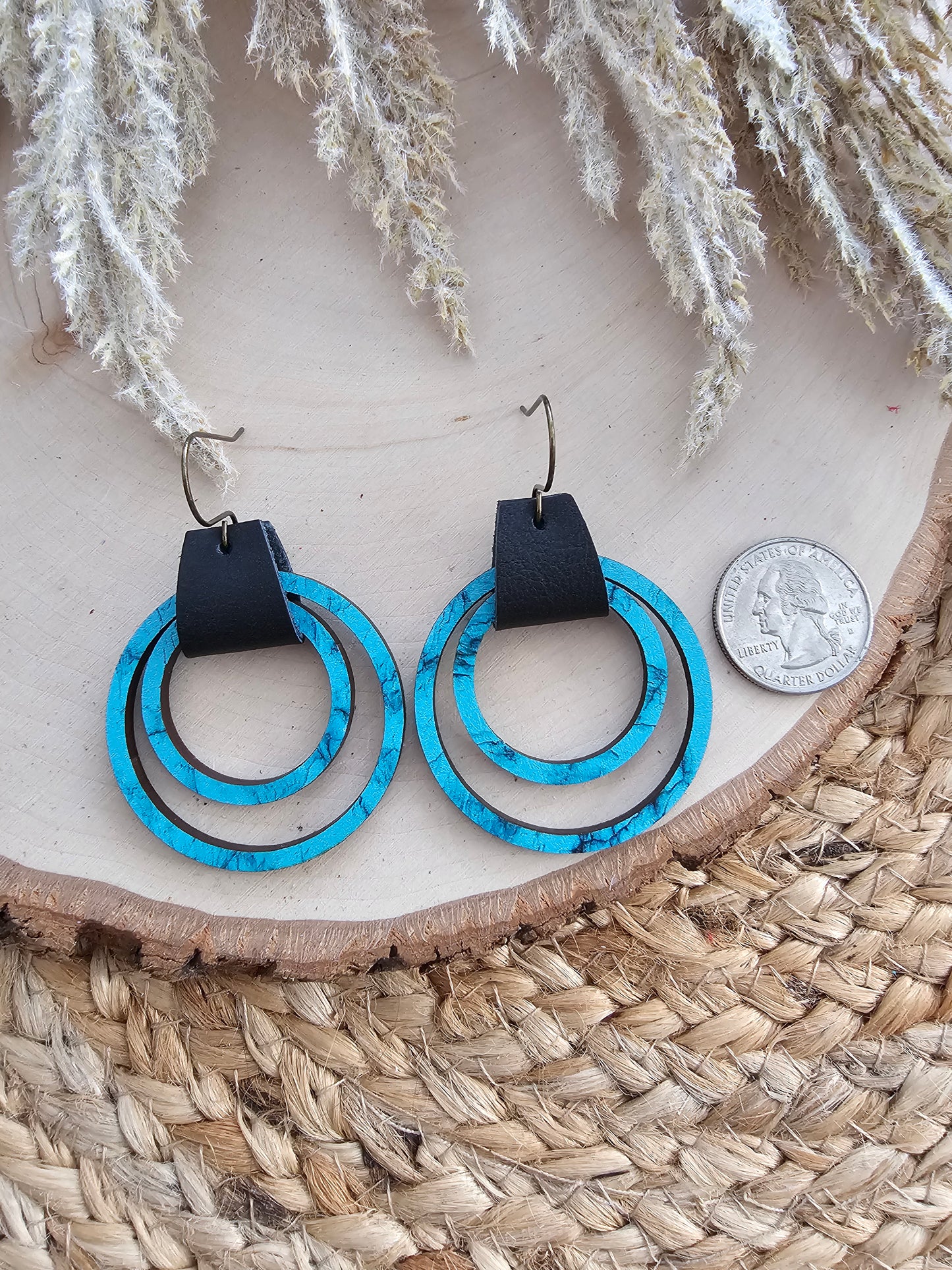 Turqouise & Black Leather & Wood Hoop Earrings