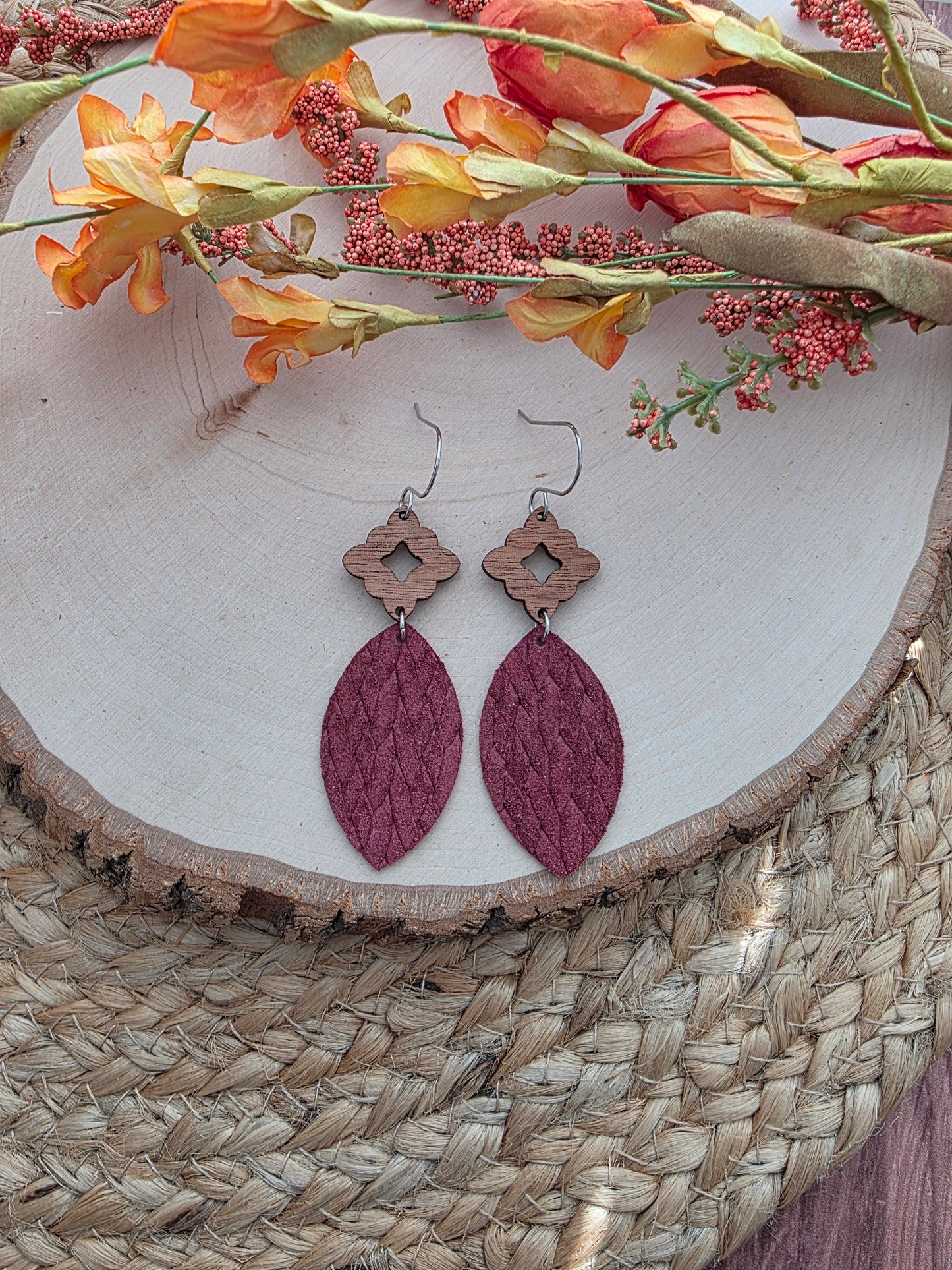 Merlot Red Leather Leaf Earrings
