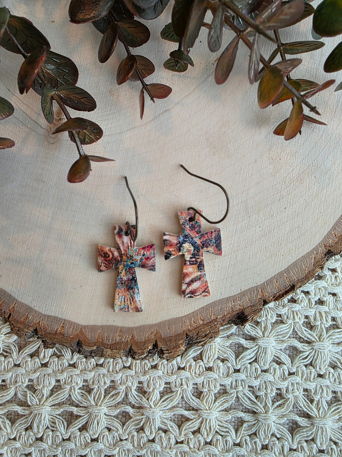 Dainty Rustic Autumn Dye Cross Earrings