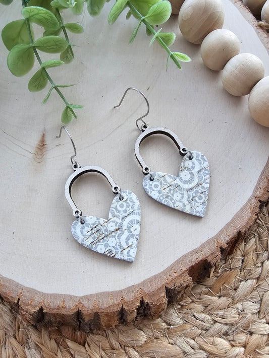 Gray & White Lace Doily Arched Heart Earrings