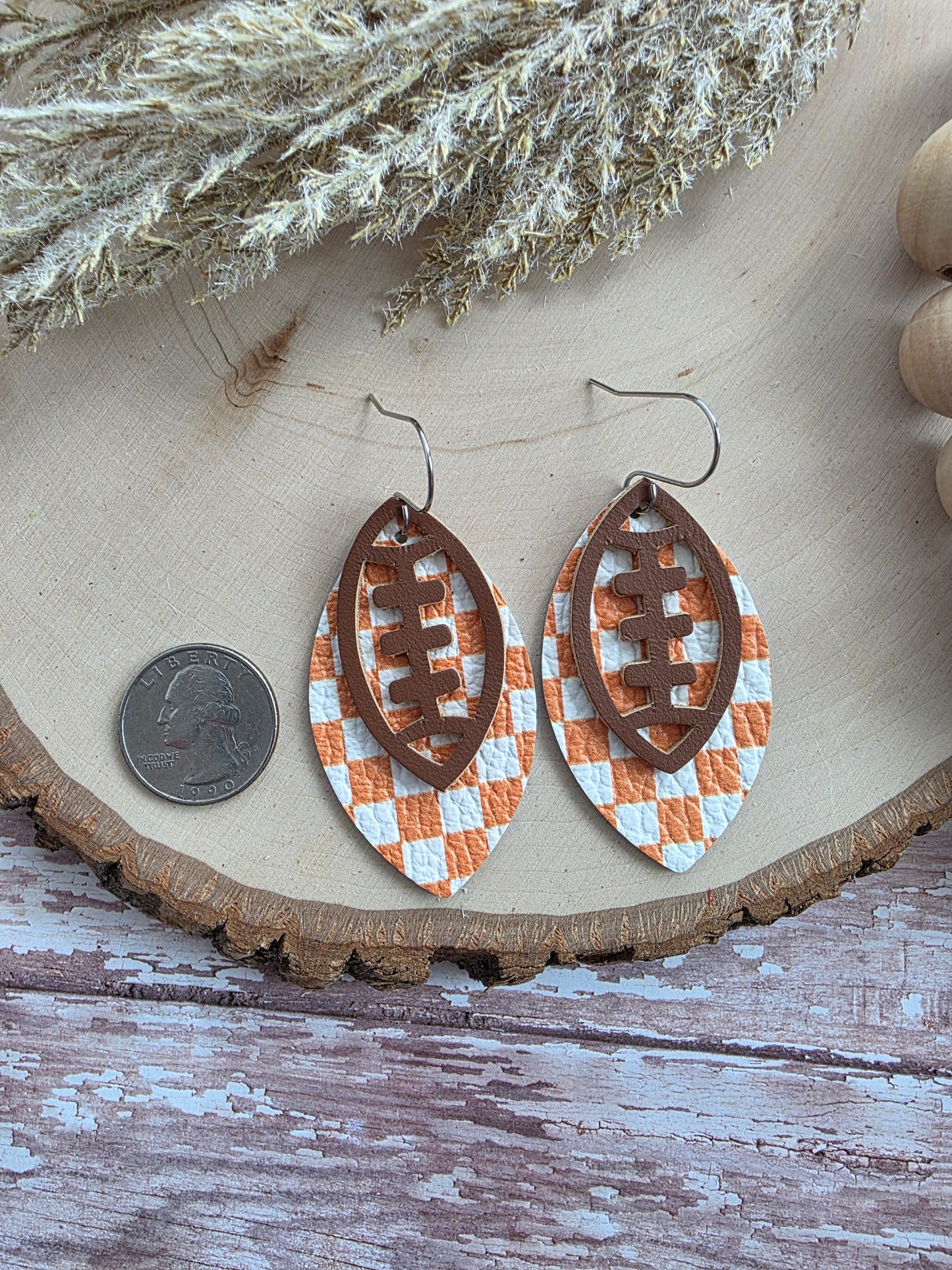Orange & White Checkered Layered Leather Football Earrings