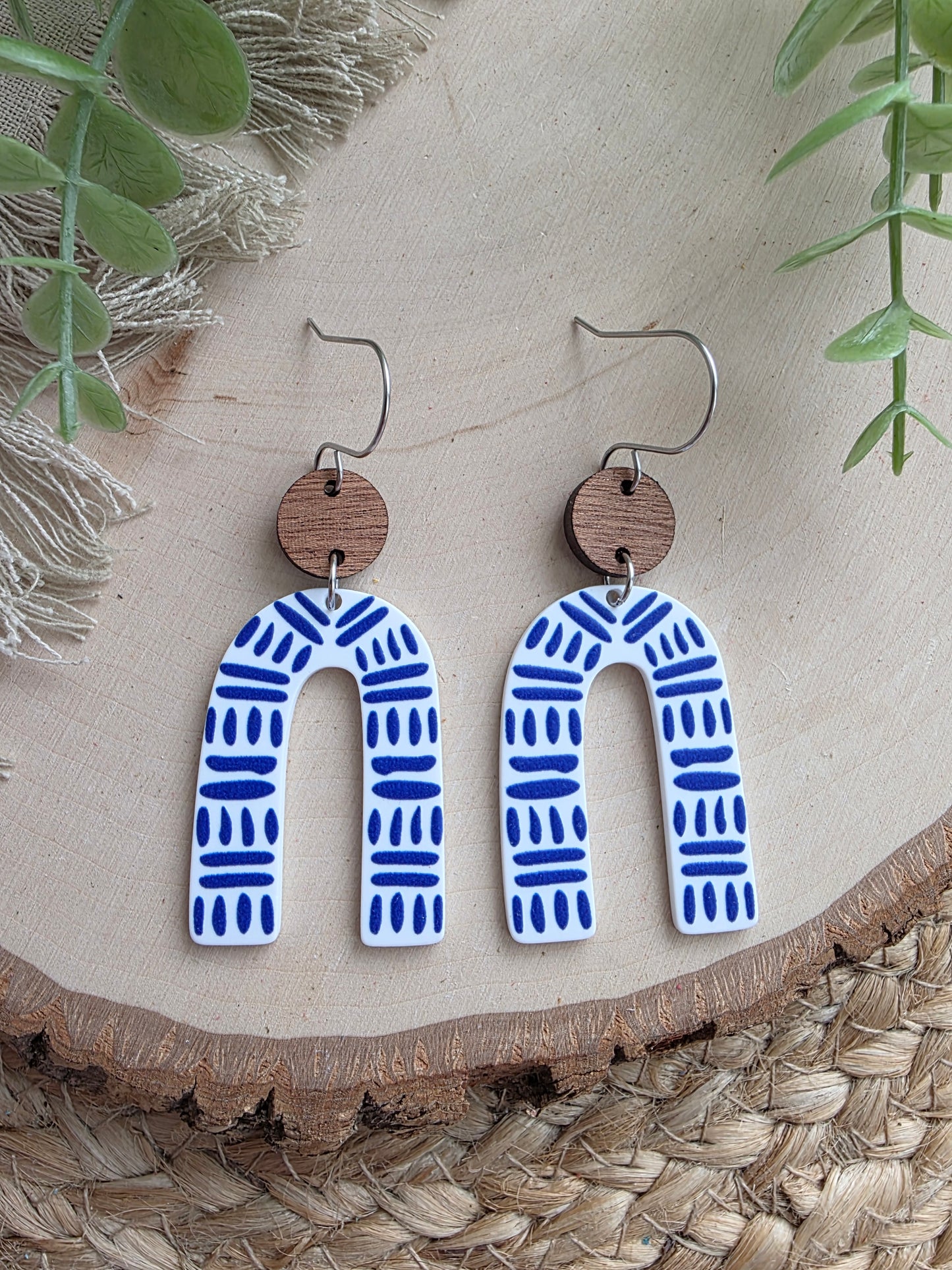Blue & White Dash Acrylic Arch Earrings
