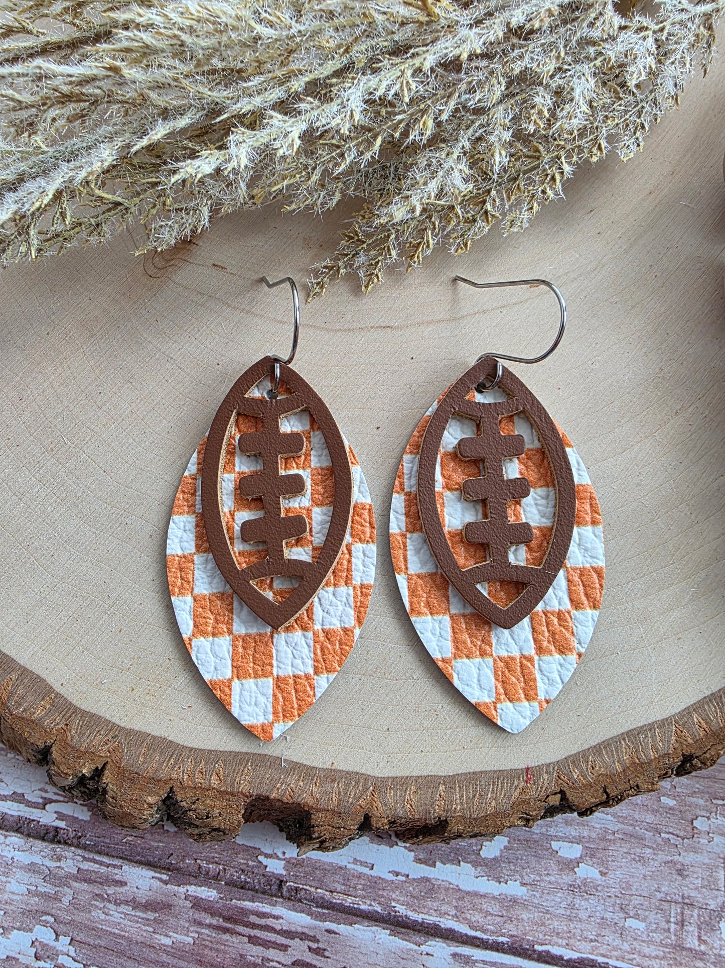 Orange & White Checkered Layered Leather Football Earrings