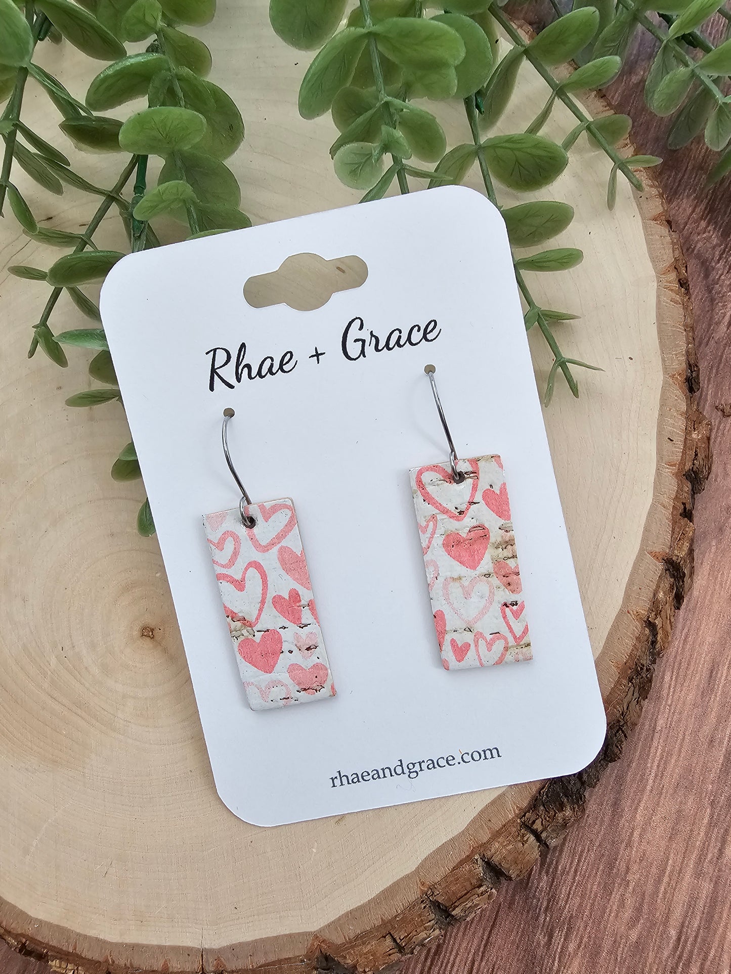 Pink & White Doodle Heart Squared Bar Earrings