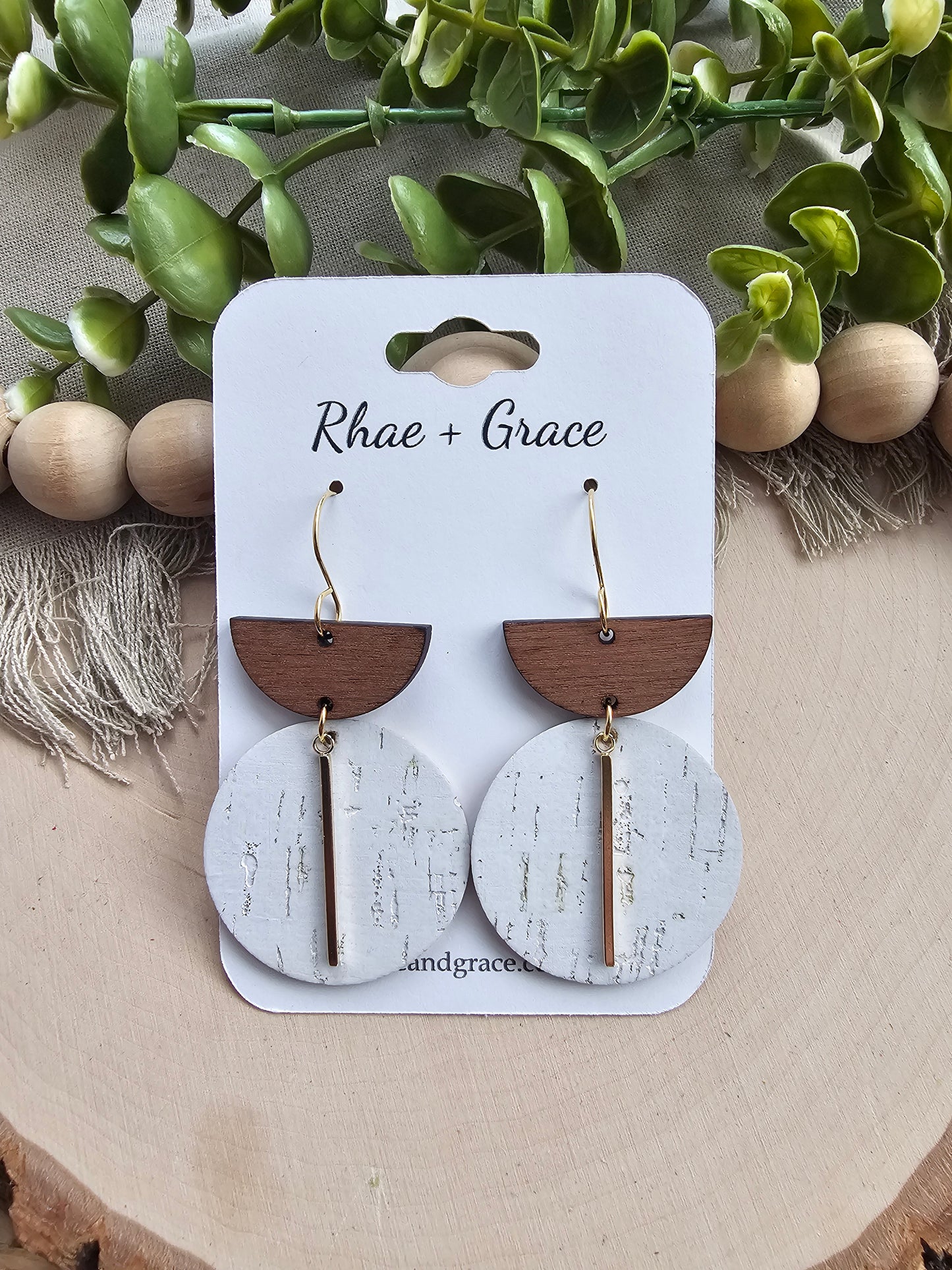 White Birch & Gold Large Circle Drop Earrings