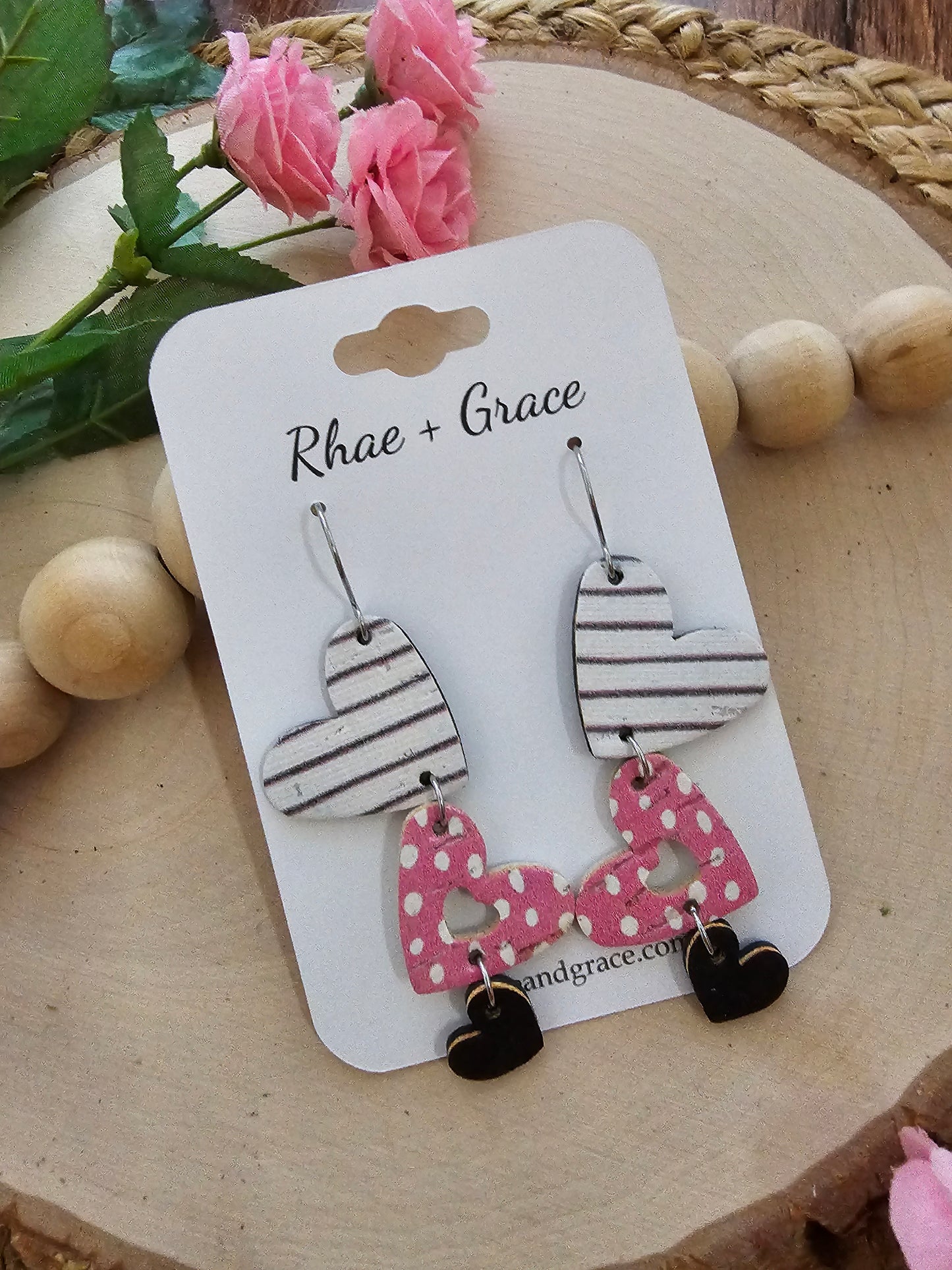 Pink Dot & Striped Cascading Heart Earrings