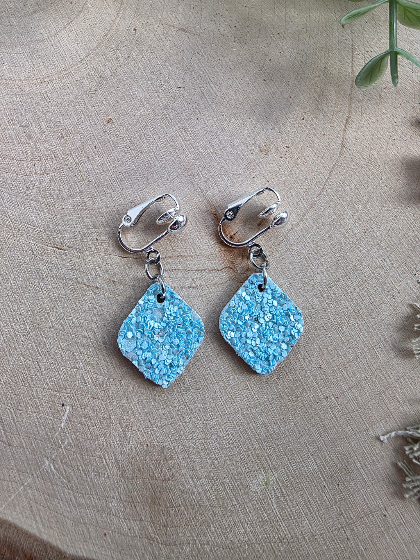 Light Blue Glitter Clip On Earrings