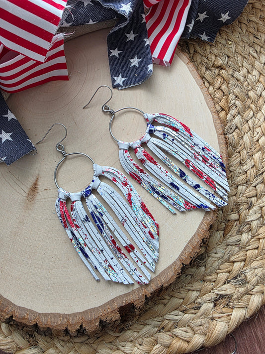 Patriotic Metallic Splatter Leather Fringe Statement Earrings