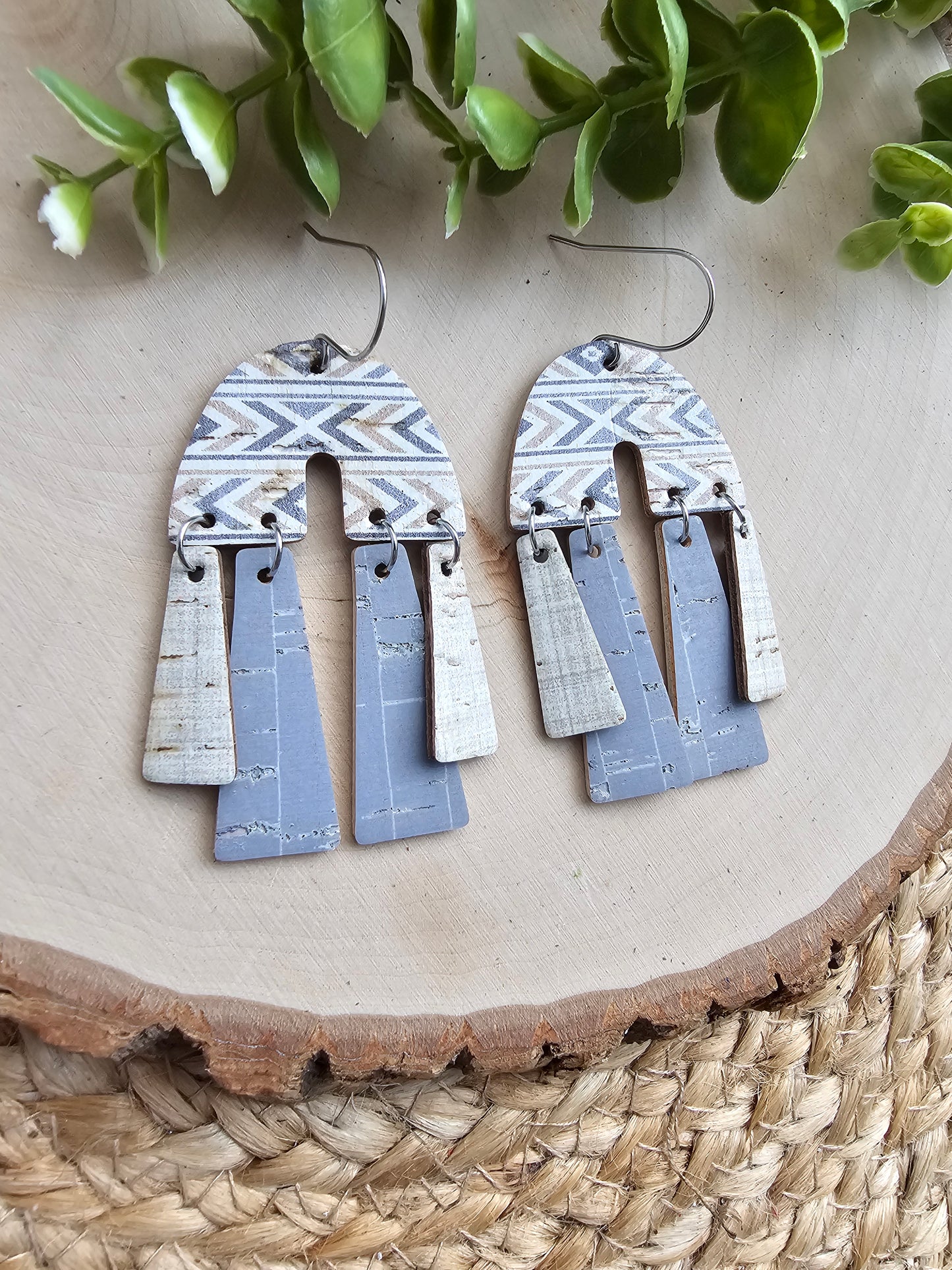 Grey Blue & Tan Aztec Boho Chandelier Earrings