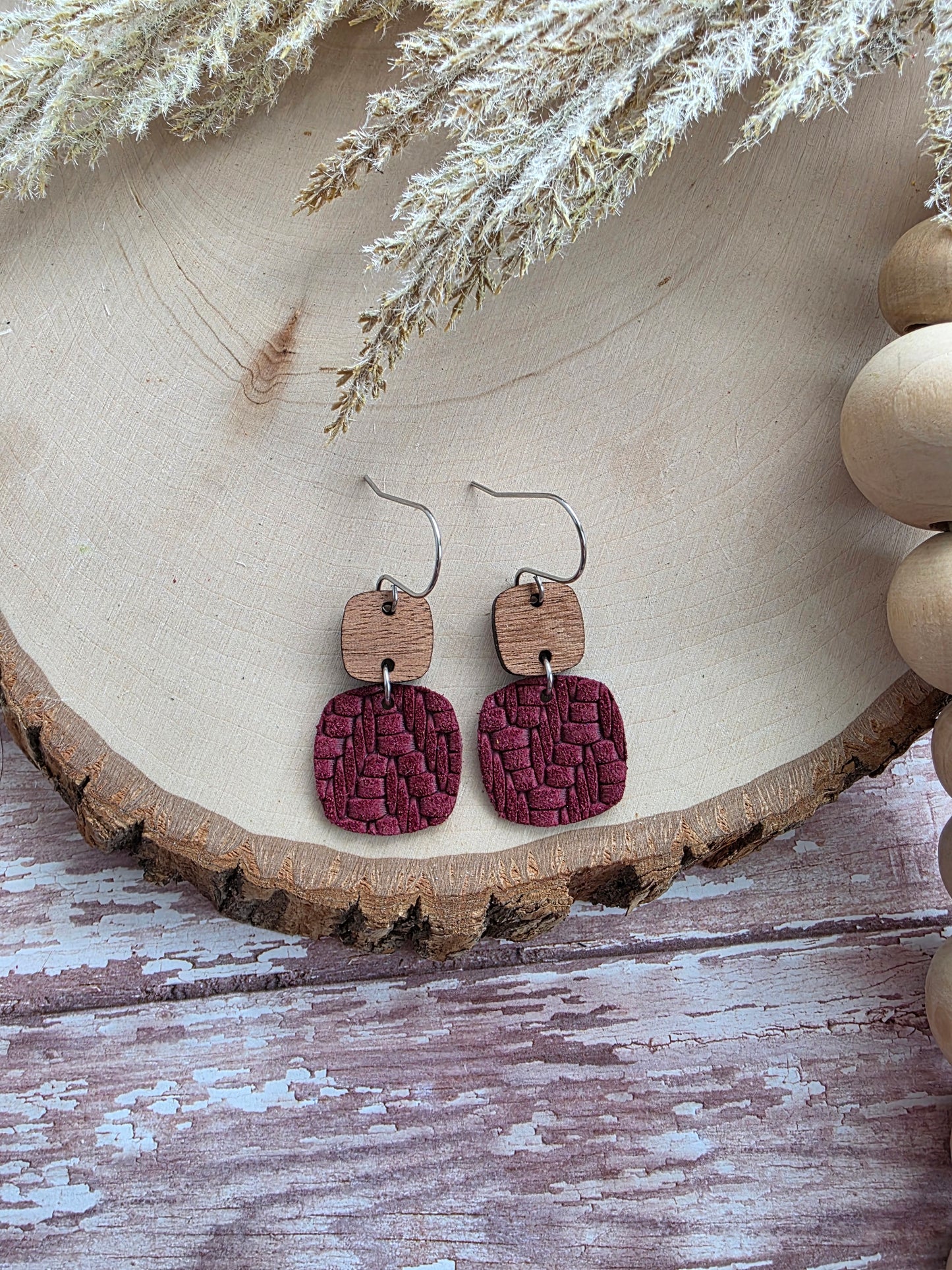 Red Wine Knit Embossed Braid Rounded Square Earrings