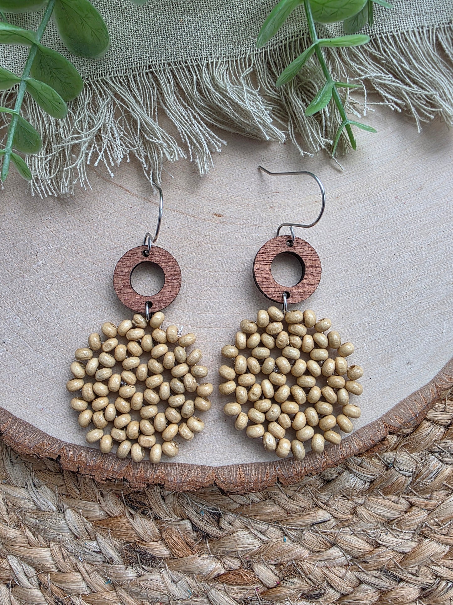 Beige Beaded Circle Earrings
