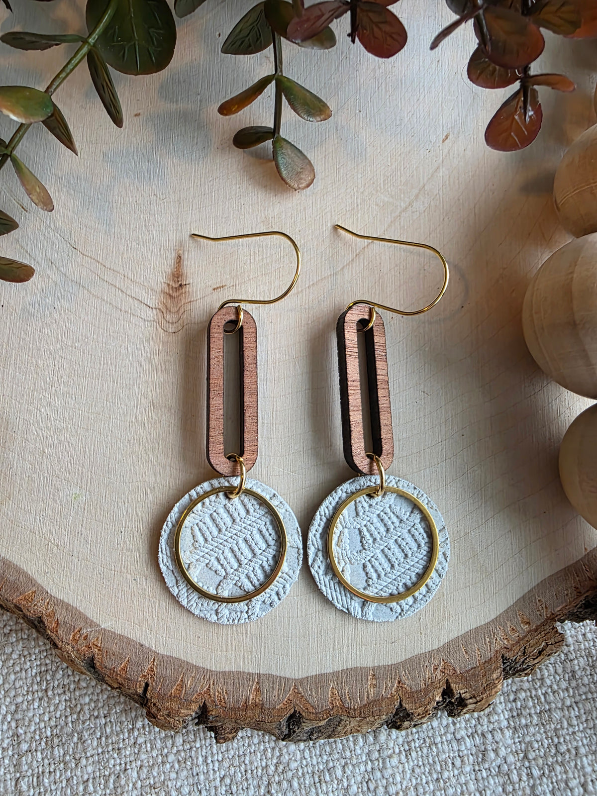 Beige & Gold Round Drop Earrings