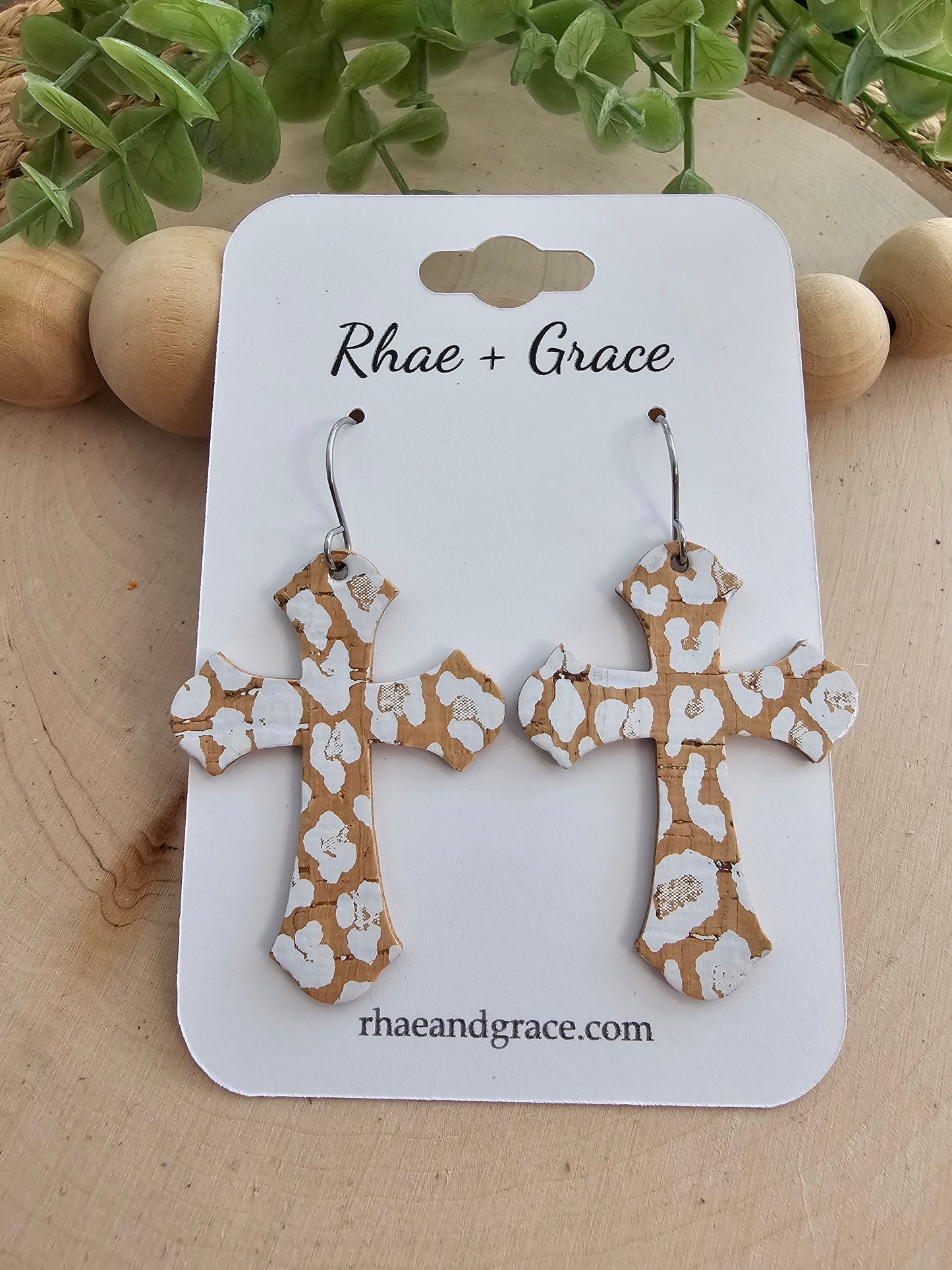 White Leopard Print Cross Earrings