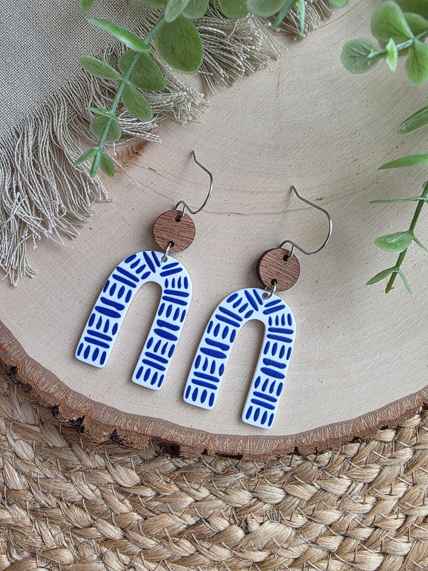 Blue & White Dash Acrylic Arch Earrings