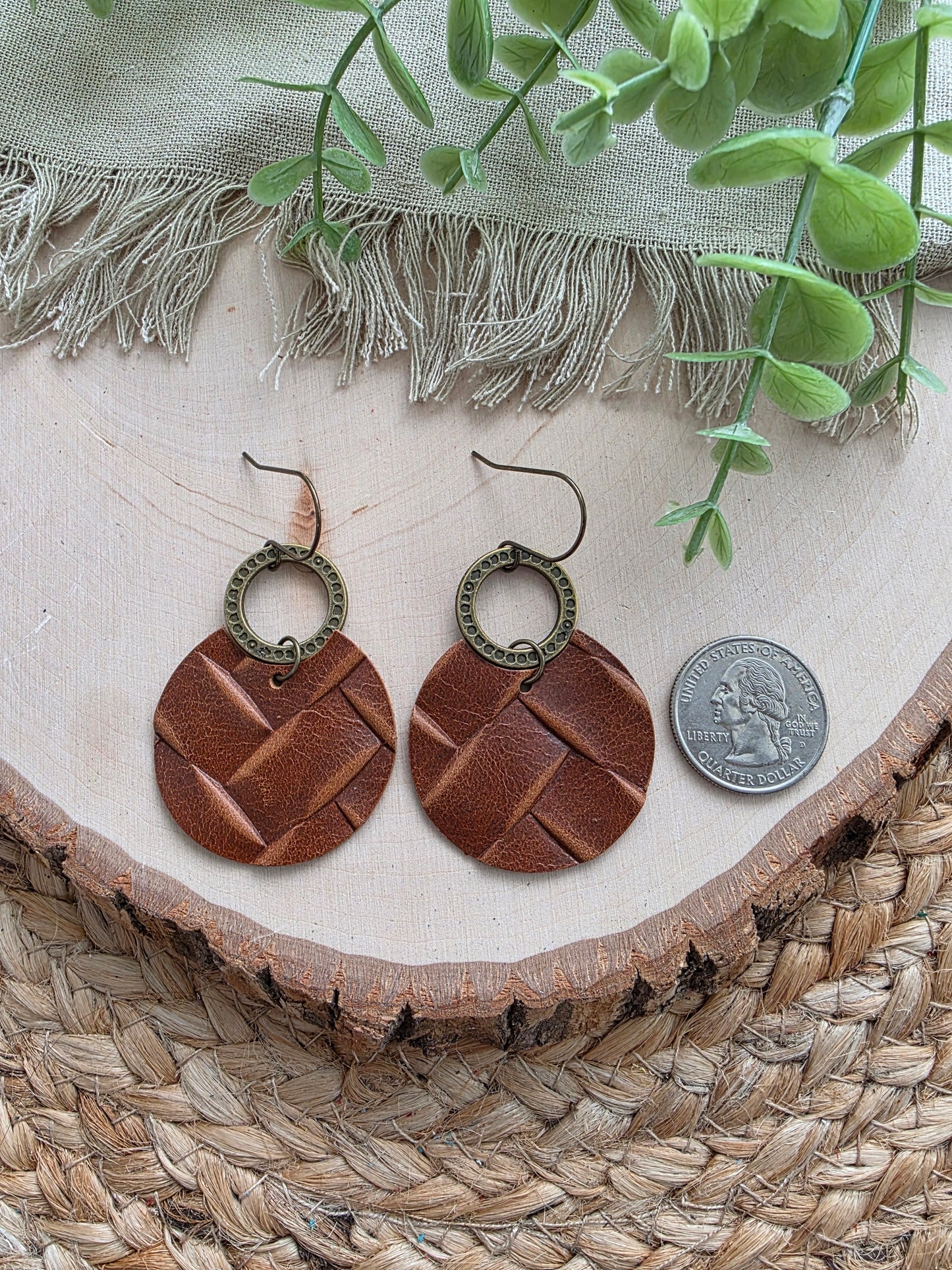 Saddle Brown Box Braid Embossed Circle Earrings