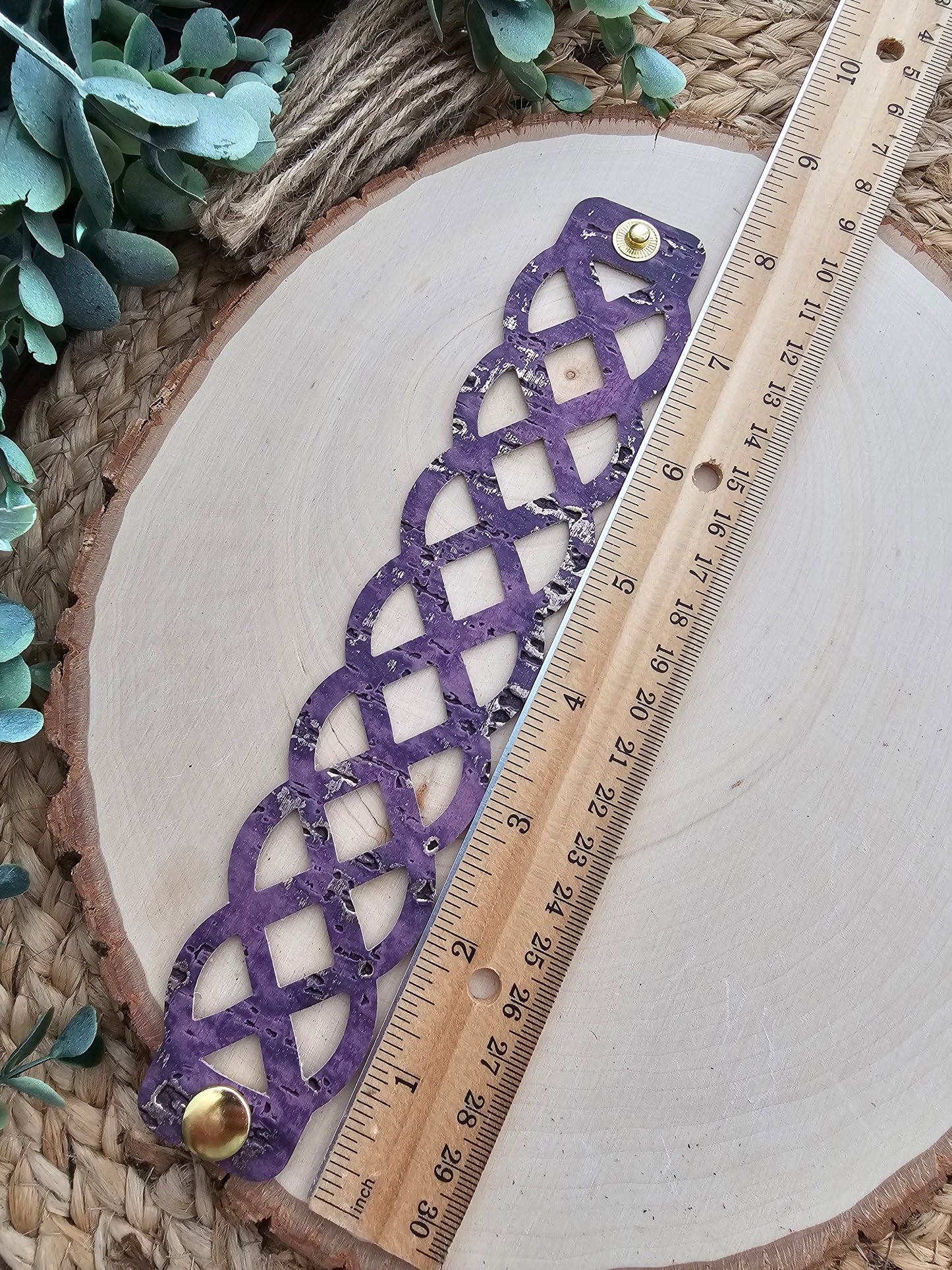 Lavender Purple & Gold Rustic Lattice Leather Bracelet