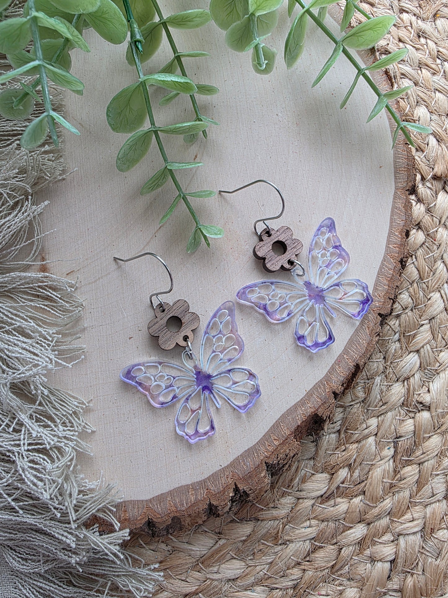 Purple Butterfly Acrylic & Wood Earrings