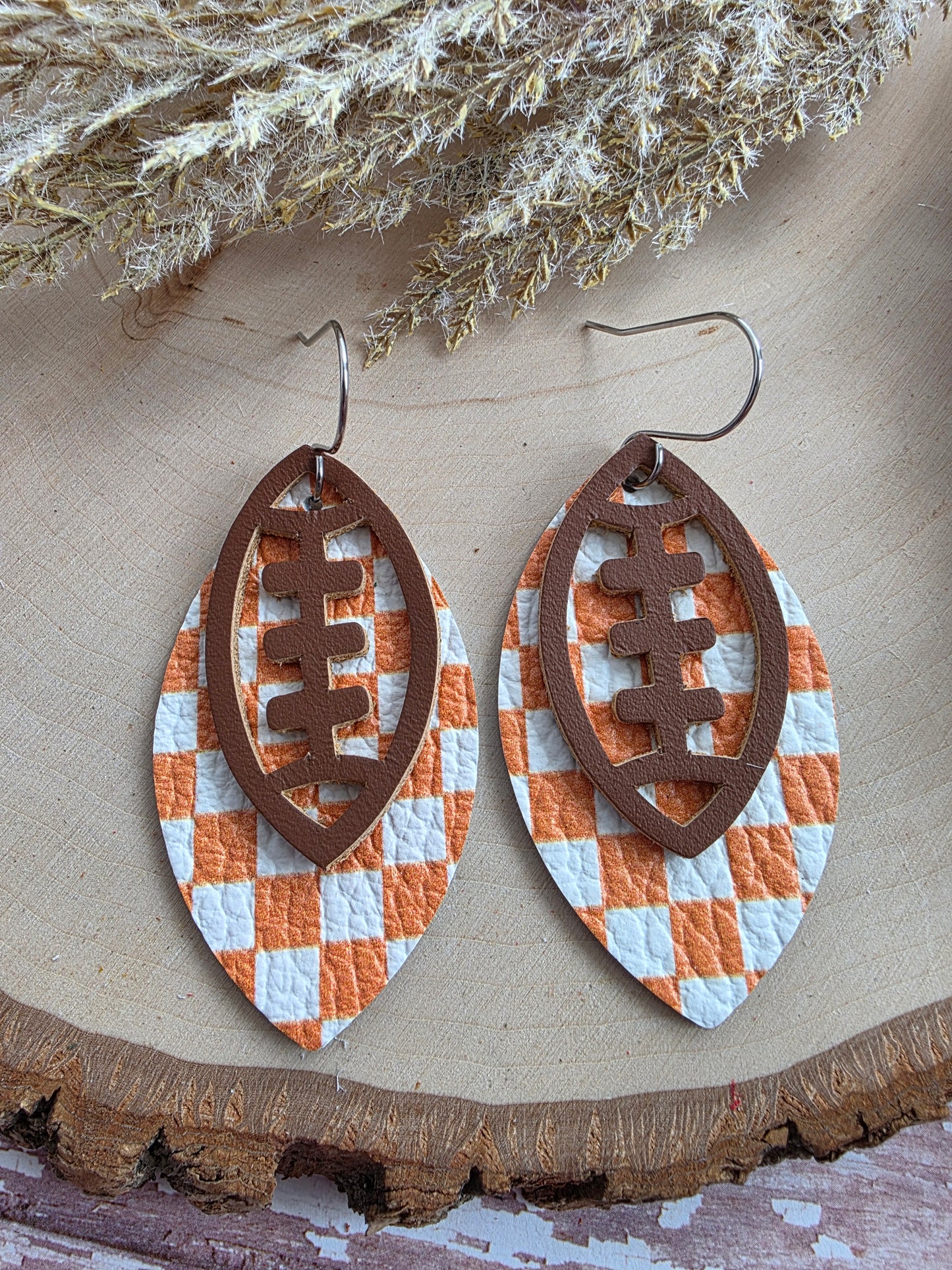 Orange & White Checkered Layered Leather Football Earrings